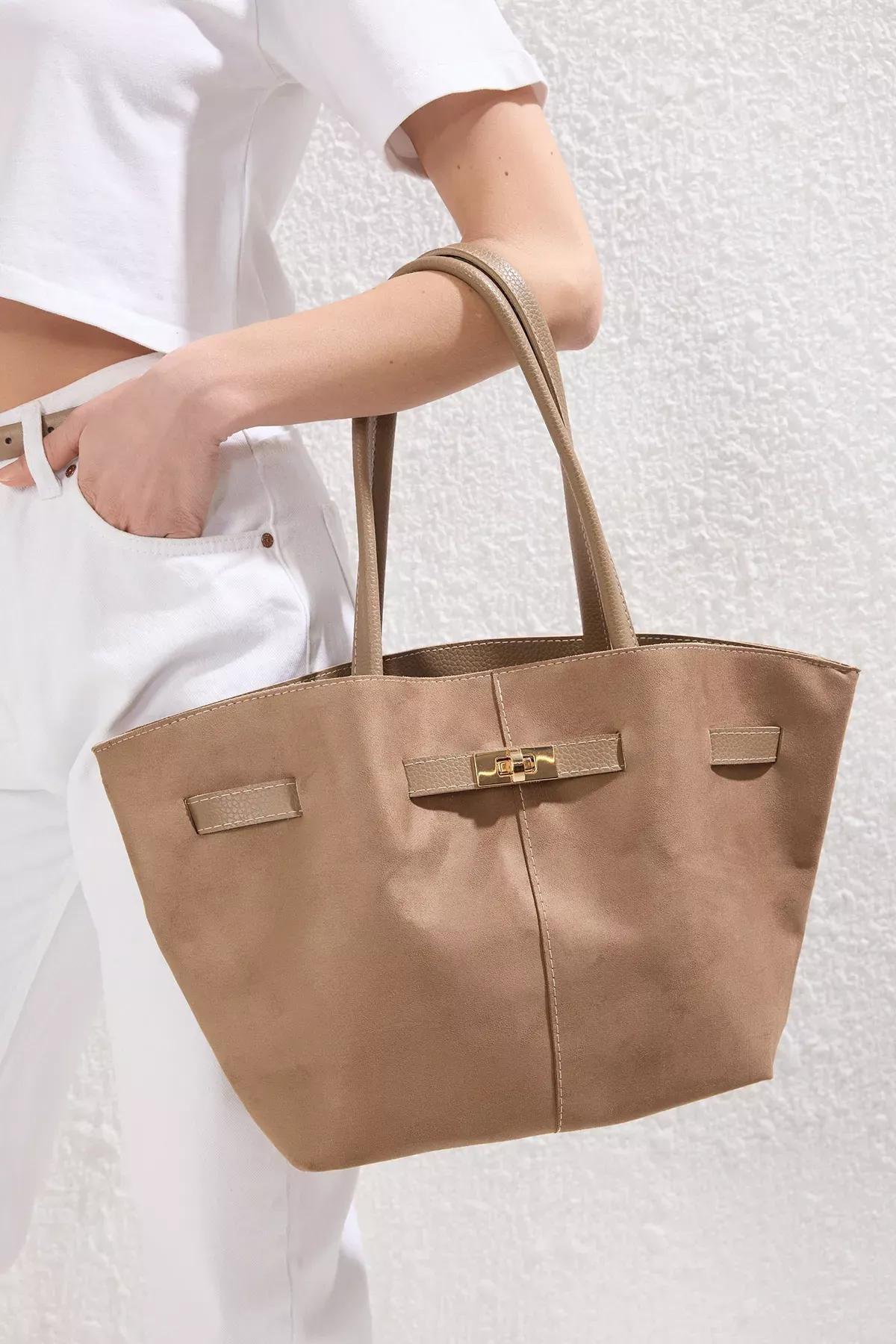 Beige Suede Crossbody Tote Shoulder Bag, Beige, large image number 0