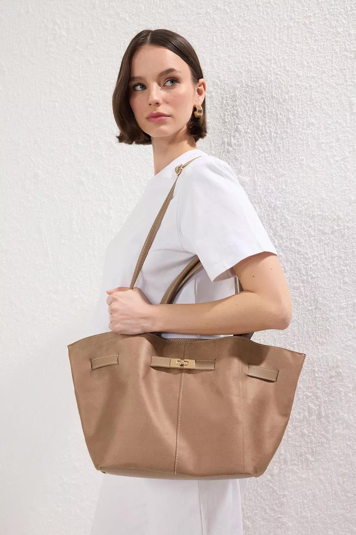 Beige Suede Crossbody Tote Shoulder Bag, Beige, large image number 2