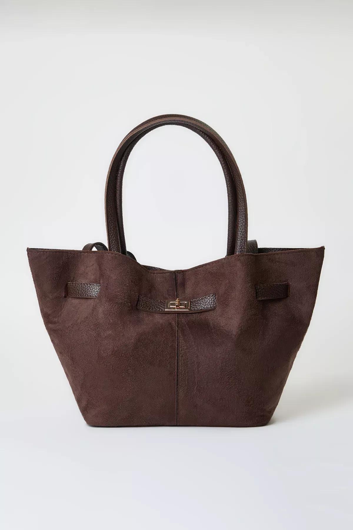brown suede handle shoulder bag, Dark brown, large image number 0