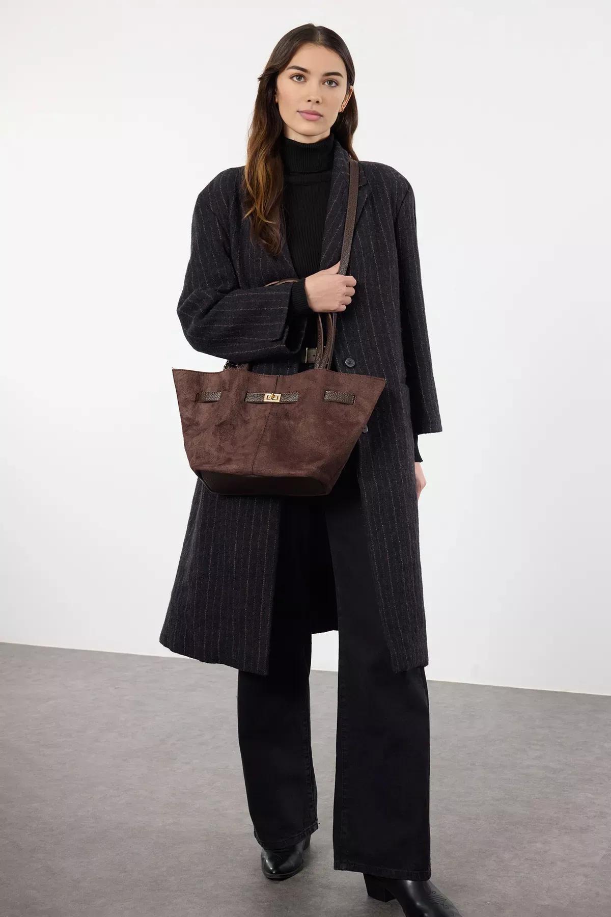 brown suede handle shoulder bag, Dark brown, large image number 2