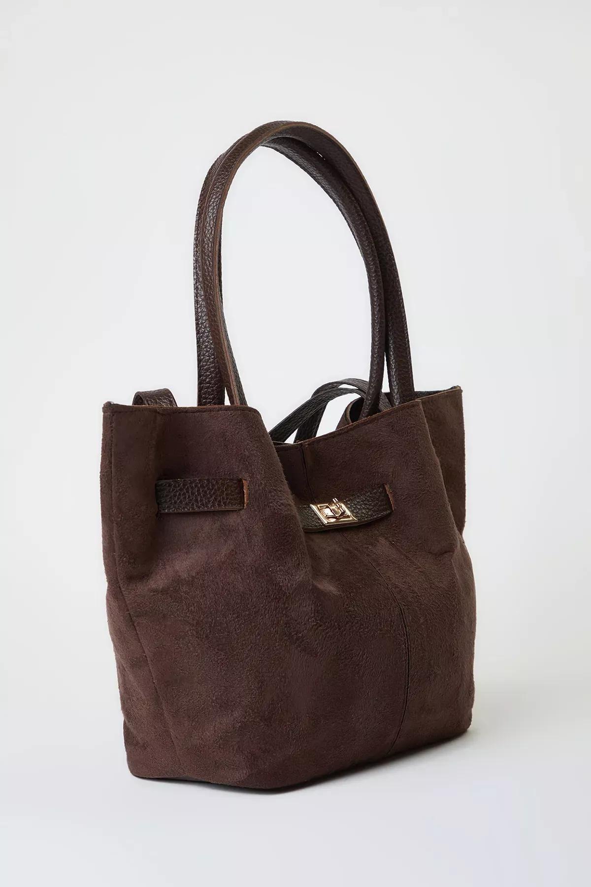brown suede handle shoulder bag, Dark brown, large image number 3