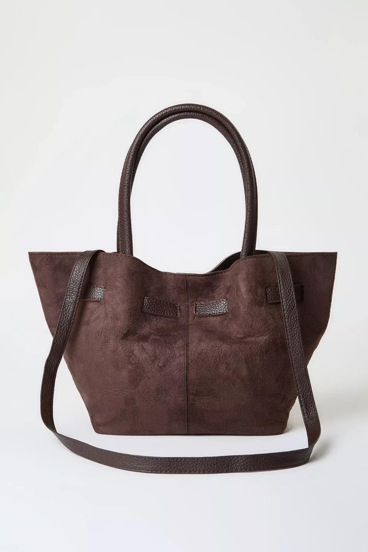brown suede handle shoulder bag, Dark brown, large image number 4