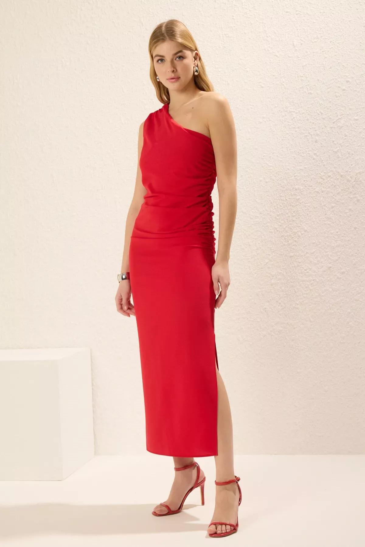 Red Bodycon Gathered Sleeve Midi Dress, Pomegranate flower, large image number 0