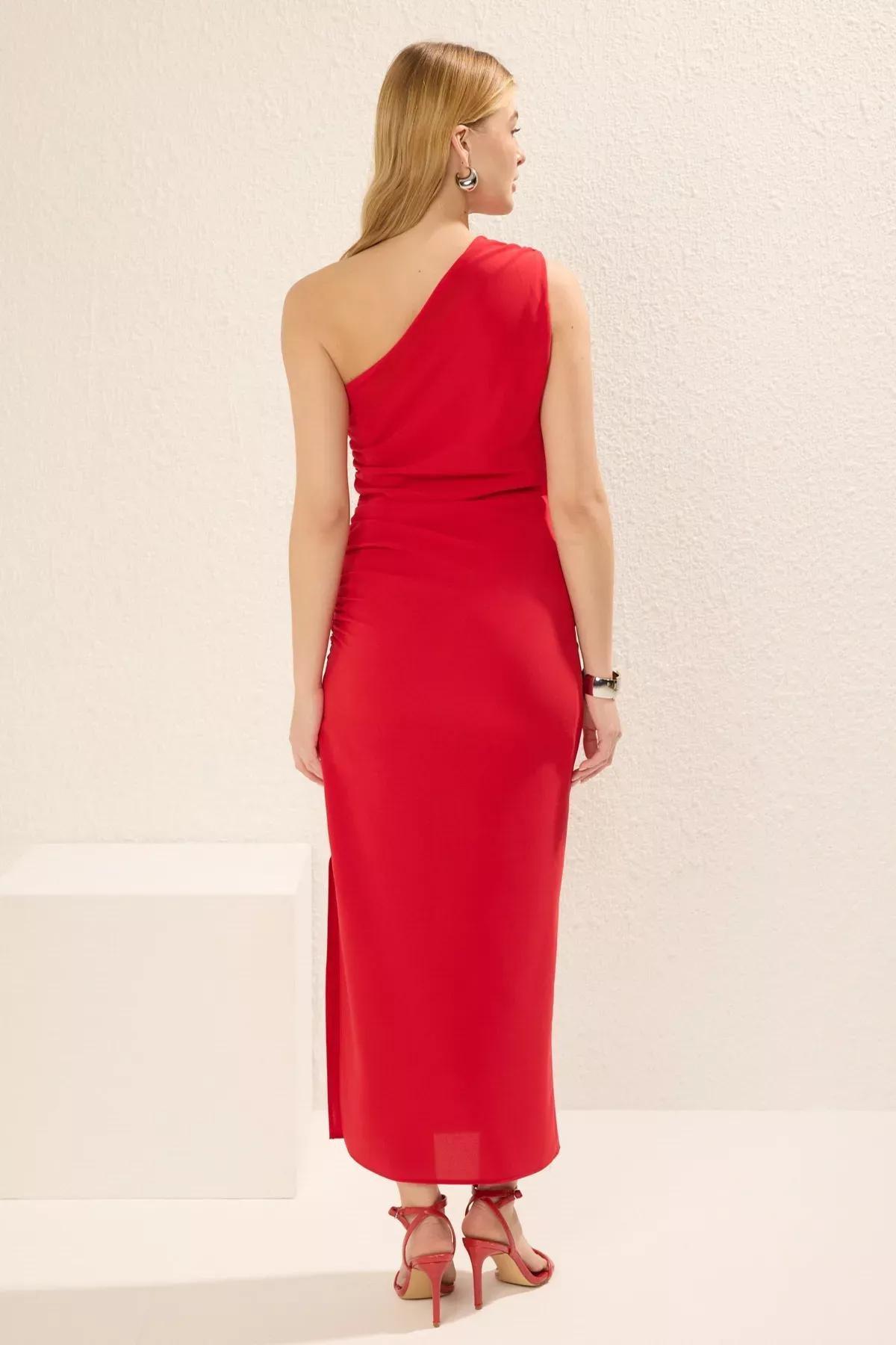 Red Bodycon Gathered Sleeve Midi Dress, Pomegranate flower, large image number 3