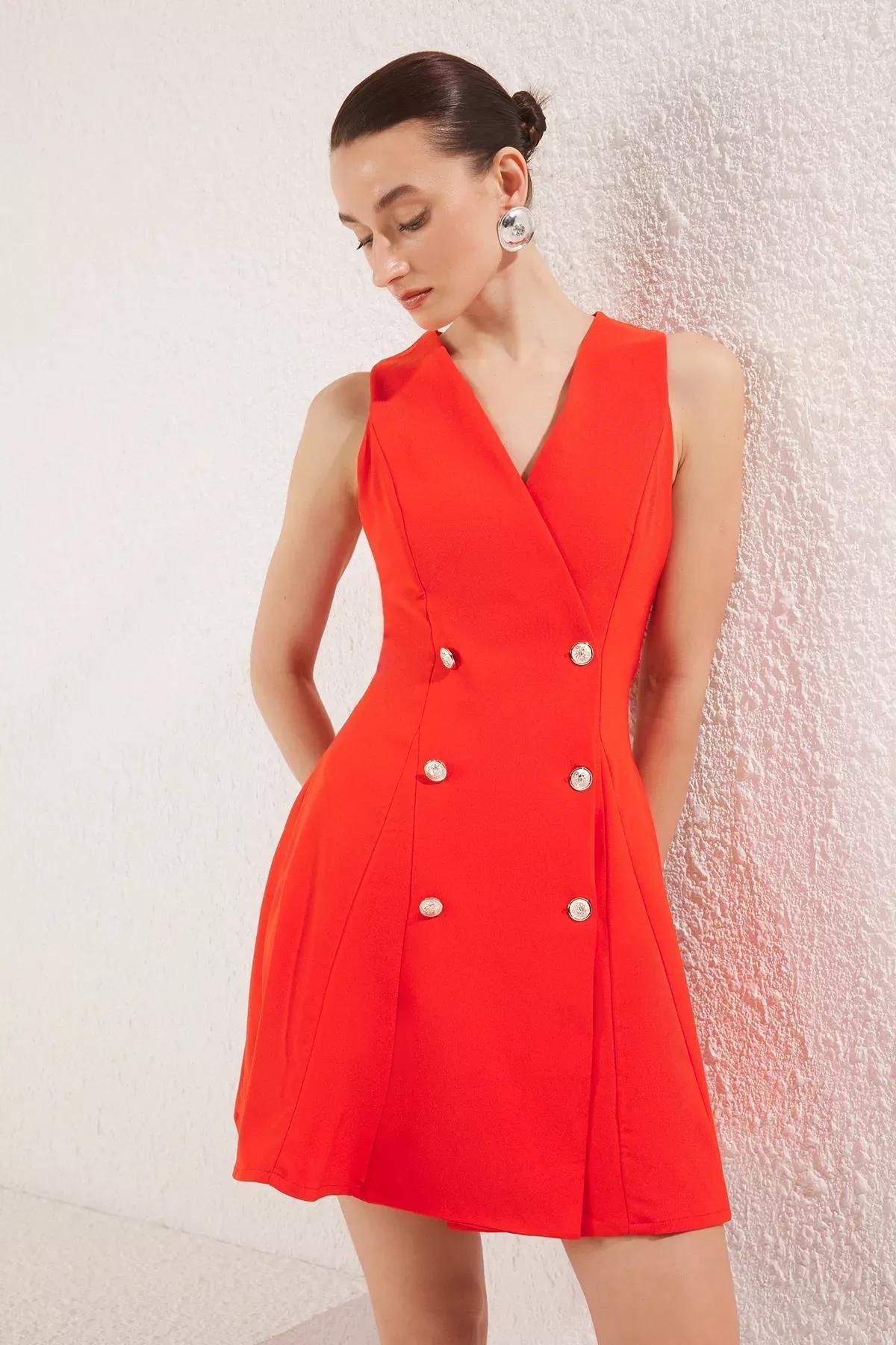 Red Buttoned Mini Jacket Dress, , large image number 0