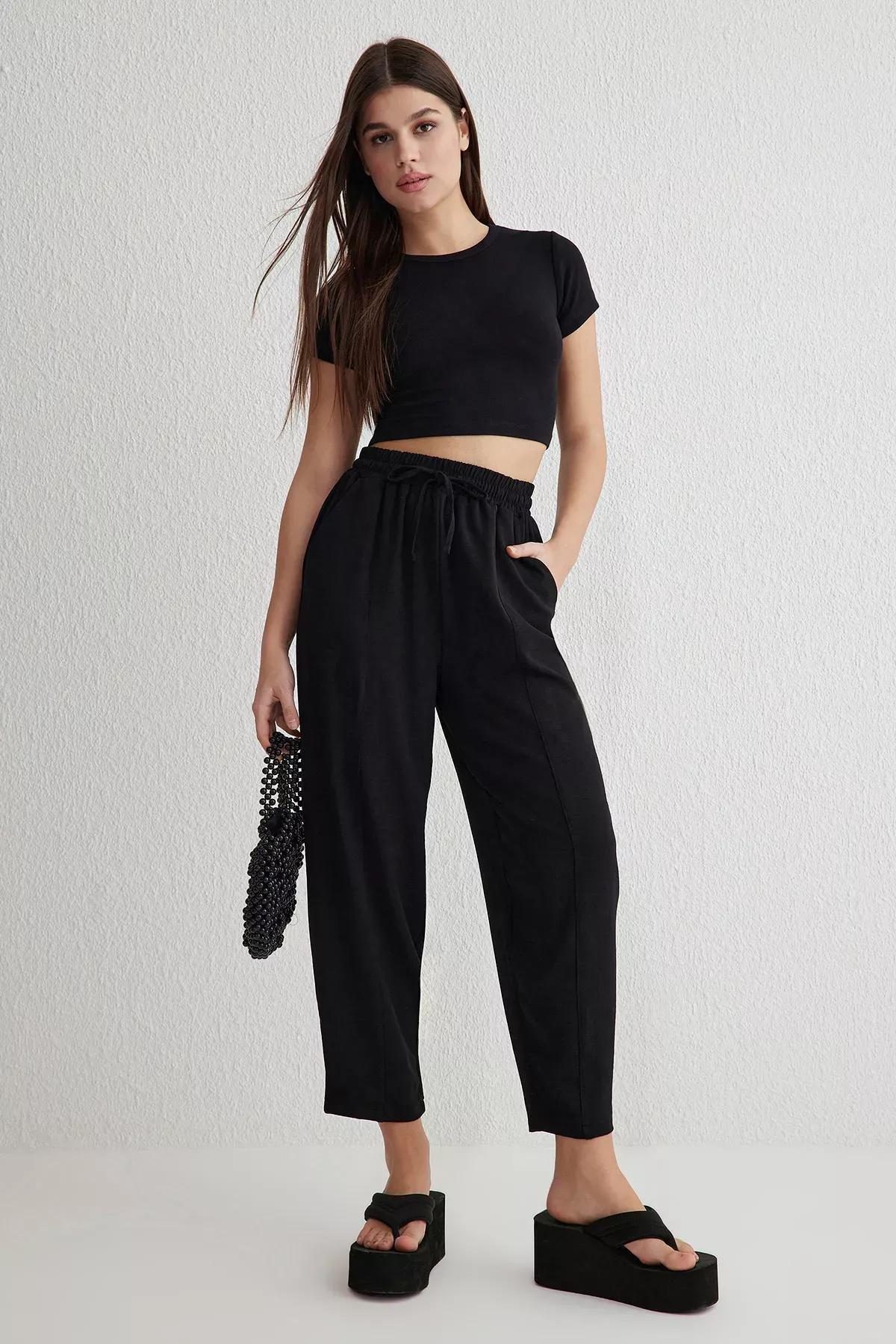 Black Harem Relaxed Woven Trousers, , large image number 0
