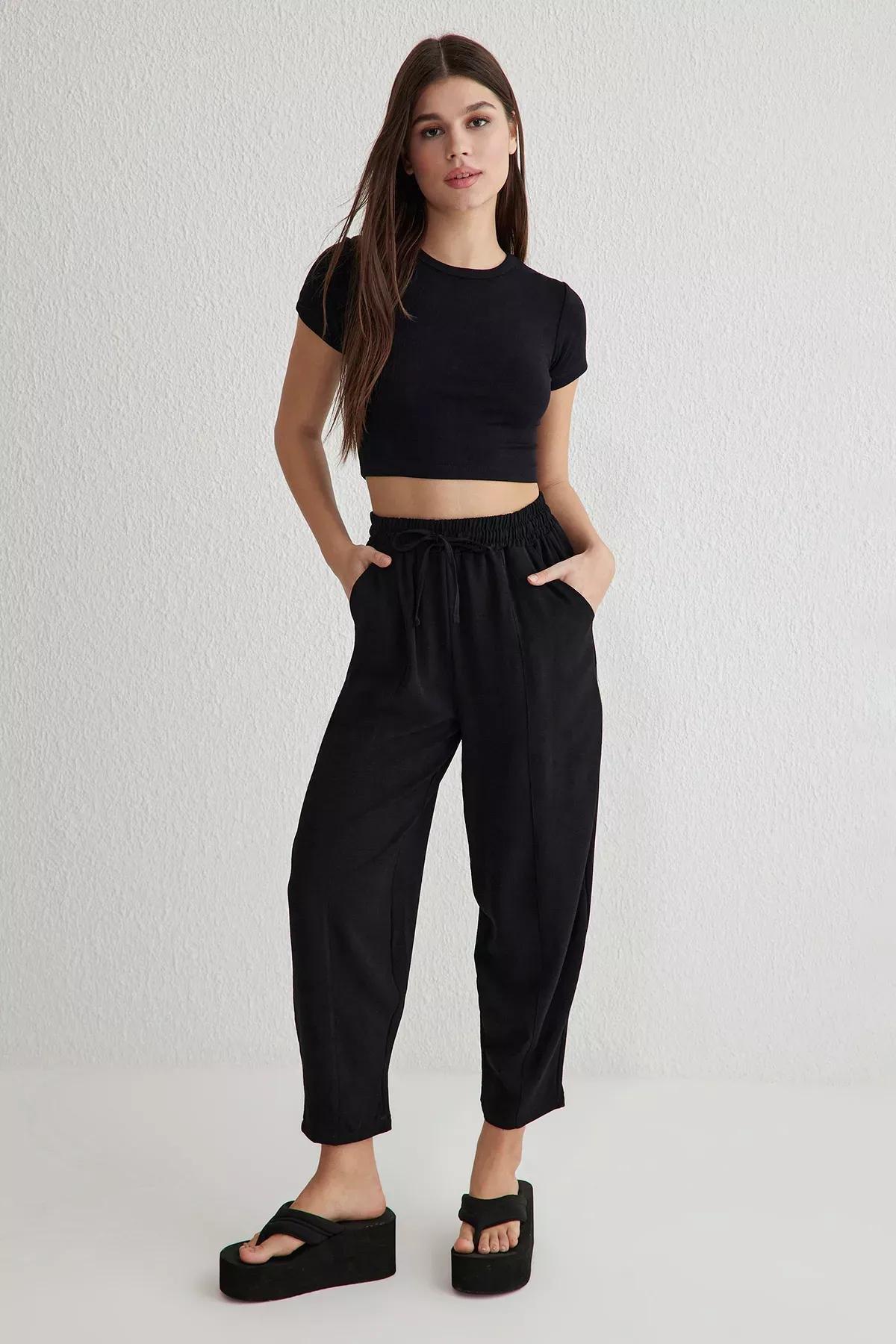 Black Harem Relaxed Woven Trousers, , large image number 1