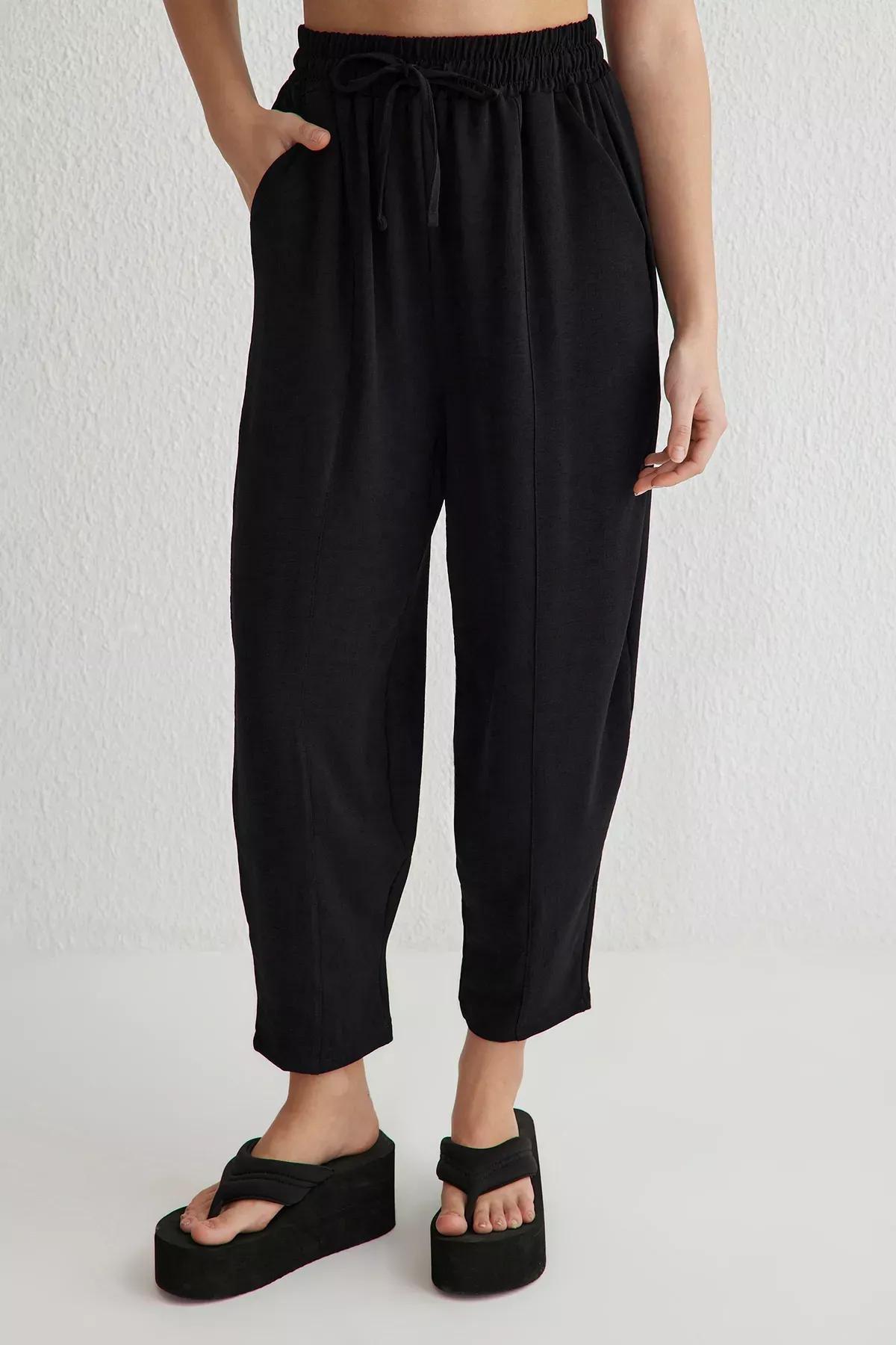 Black Harem Relaxed Woven Trousers, , large image number 2