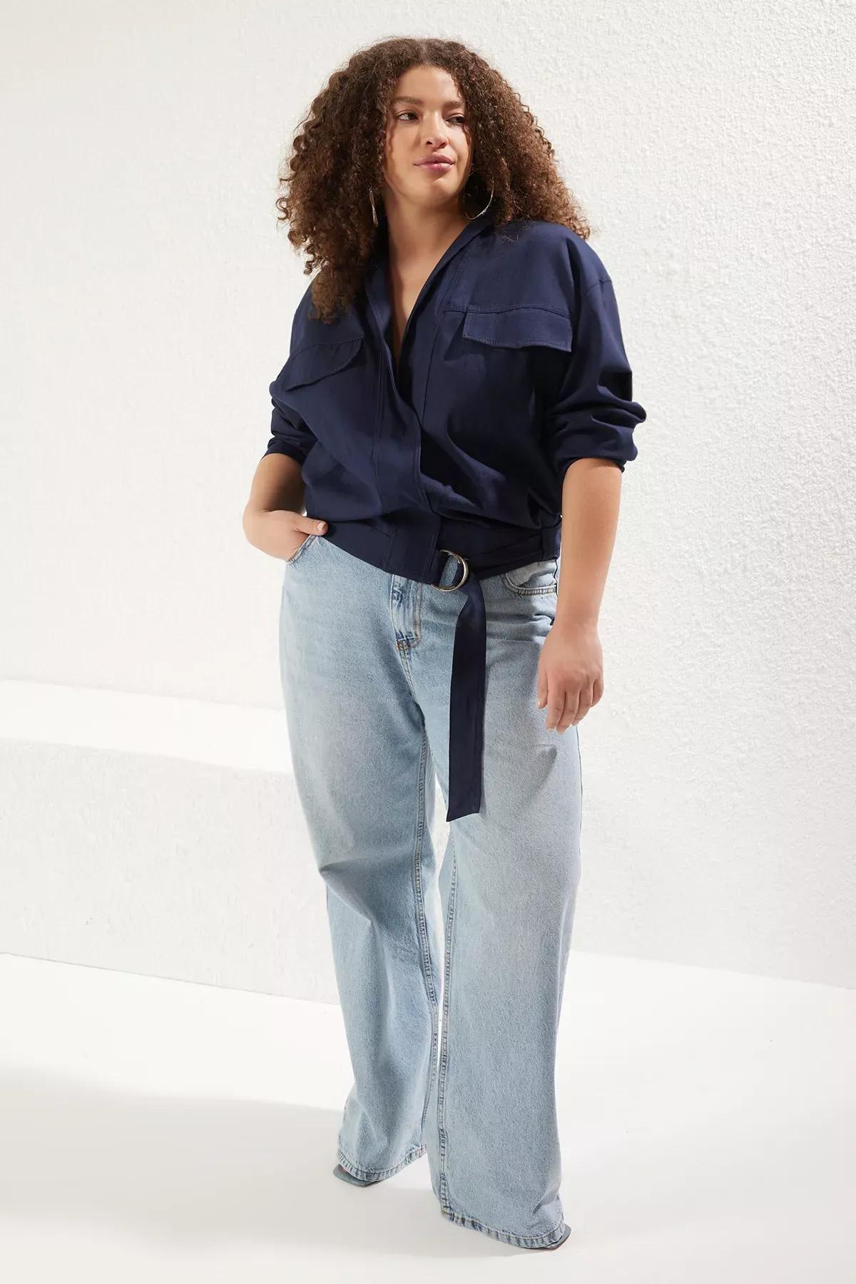 Navy Adjustable Waist Woven Plus-Size Jacket, Navy blue, large image number 0