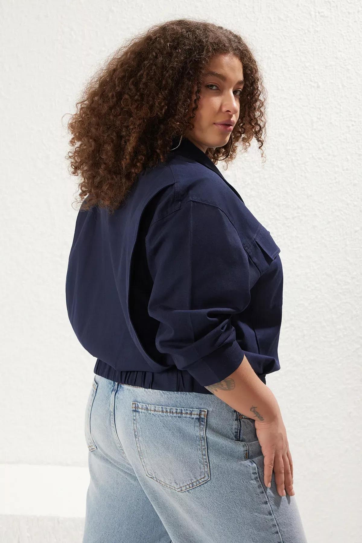 Navy Adjustable Waist Woven Plus-Size Jacket, Navy blue, large image number 1