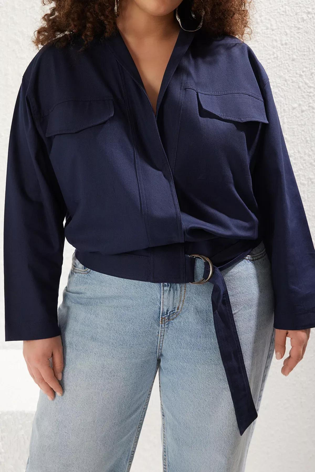 Navy Adjustable Waist Woven Plus-Size Jacket, Navy blue, large image number 2