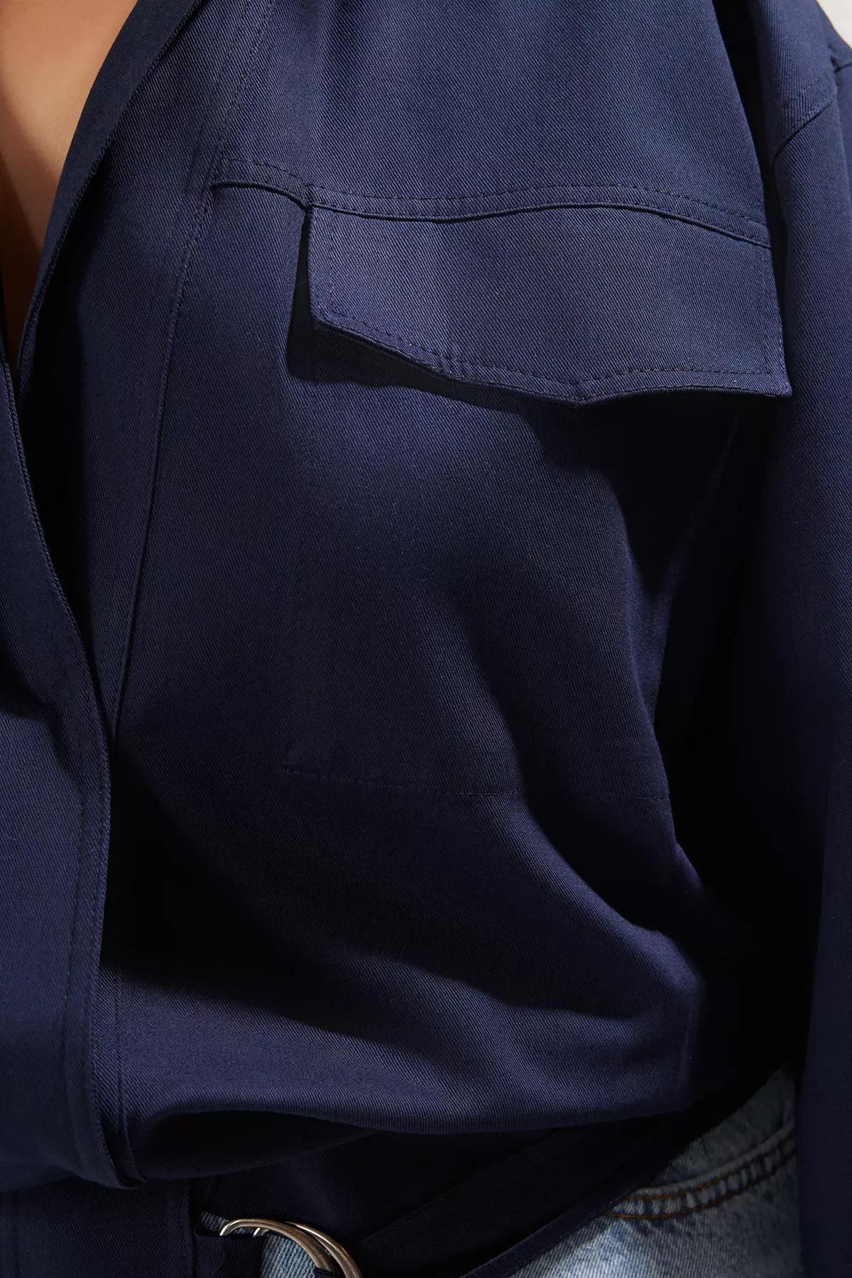 Navy Adjustable Waist Woven Plus-Size Jacket, Navy blue, large image number 3