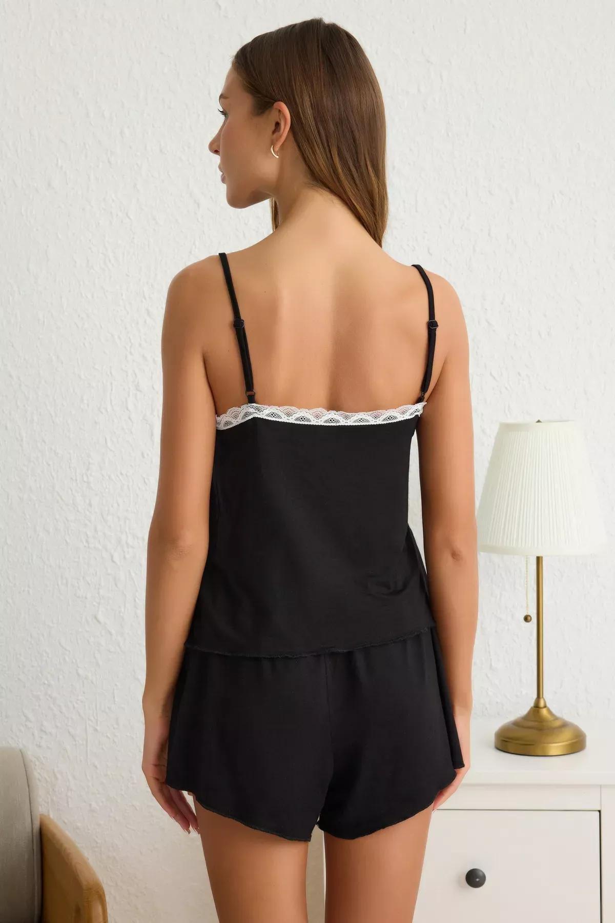 Black Lace Ribbon Suspender Pajama Set, , large image number 3