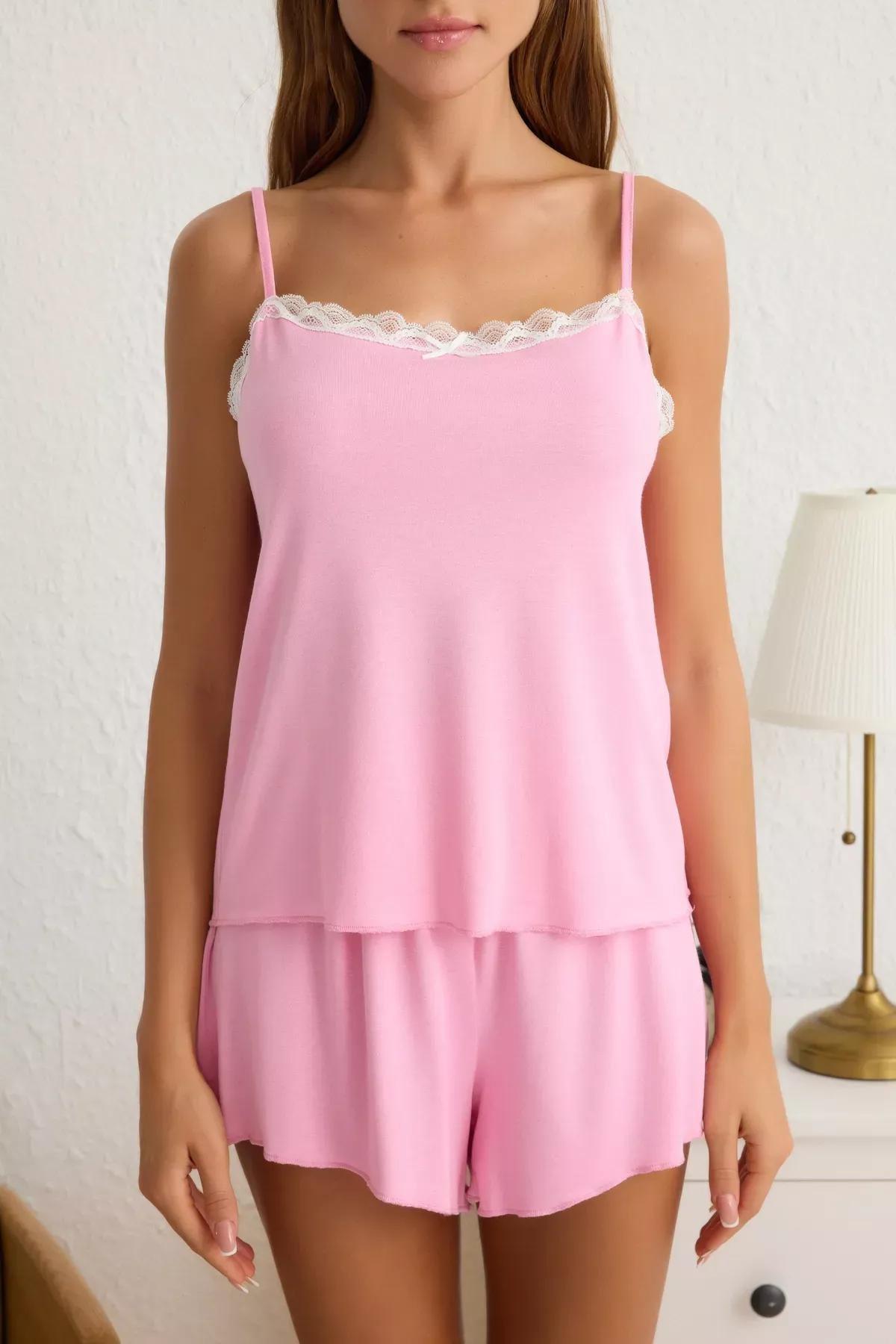 Pink Lace Ribbon Suspender Pajama Set, , large image number 2