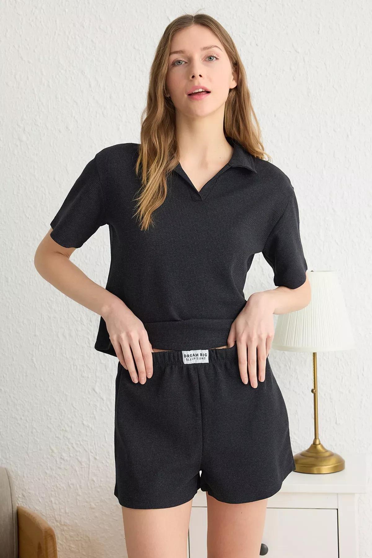 Grey Slogan Waffle Pajama Set, , large image number 0