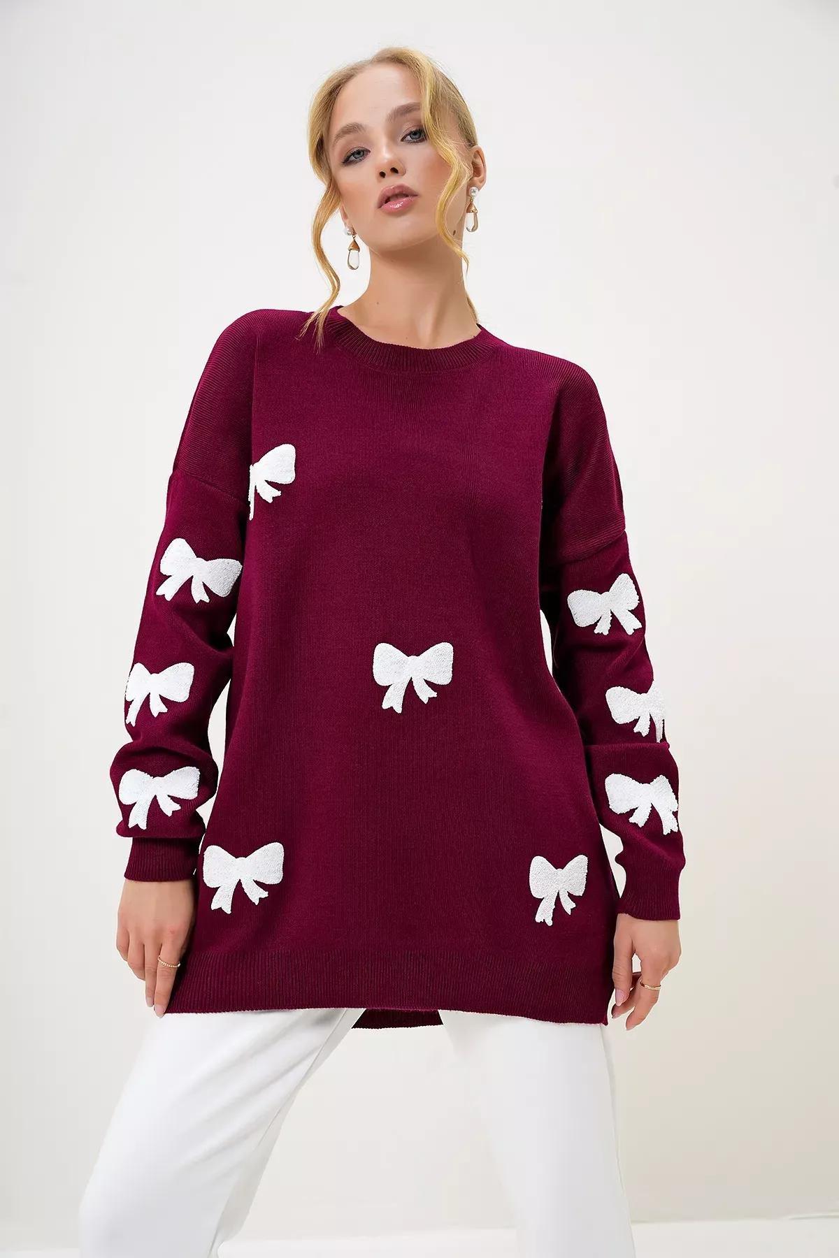 Womens Claret Red Crew Neck Bow Embroidered Winter Knitwear Sweater ALC-X13232, Single, Burgundy, large image number 0