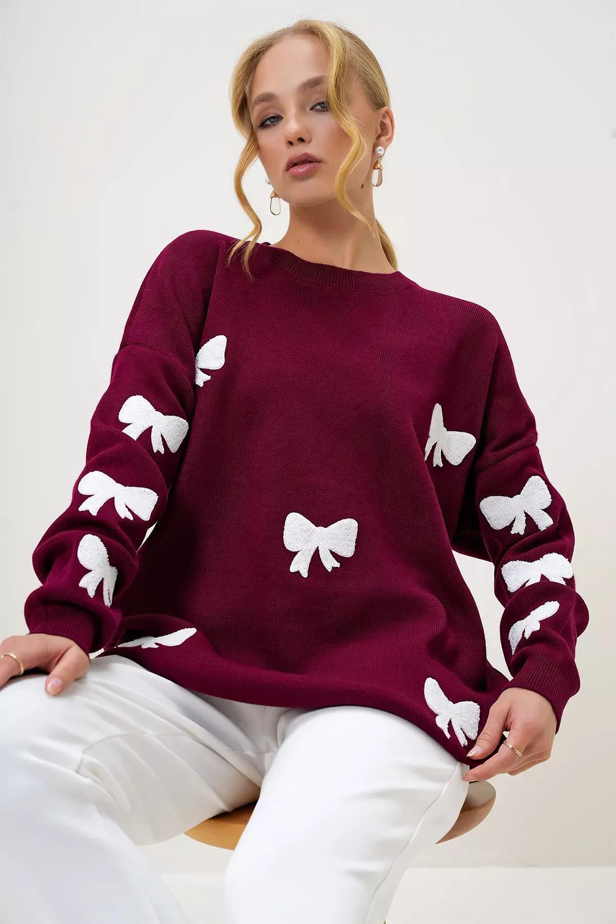 Womens Claret Red Crew Neck Bow Embroidered Winter Knitwear Sweater ALC-X13232, Single, Burgundy, large image number 1