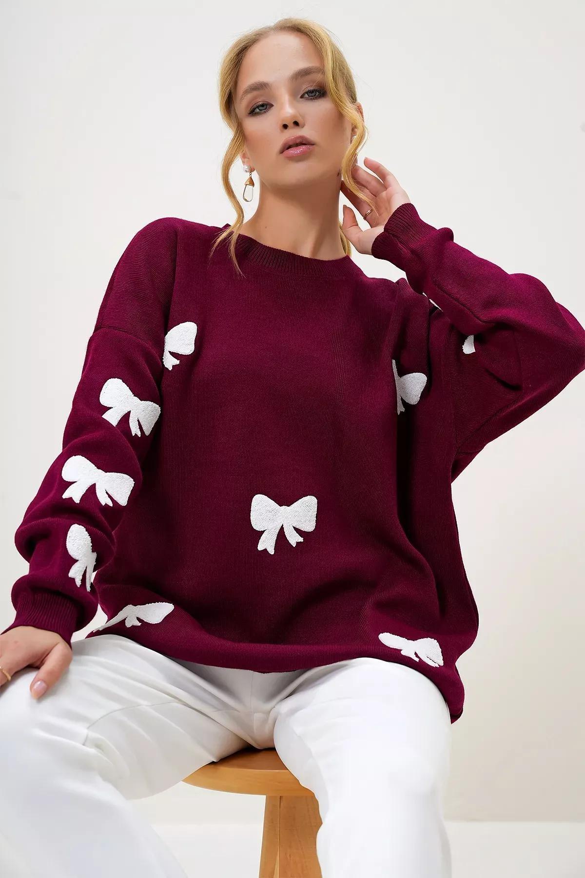 Womens Claret Red Crew Neck Bow Embroidered Winter Knitwear Sweater ALC-X13232, Single, Burgundy, large image number 2