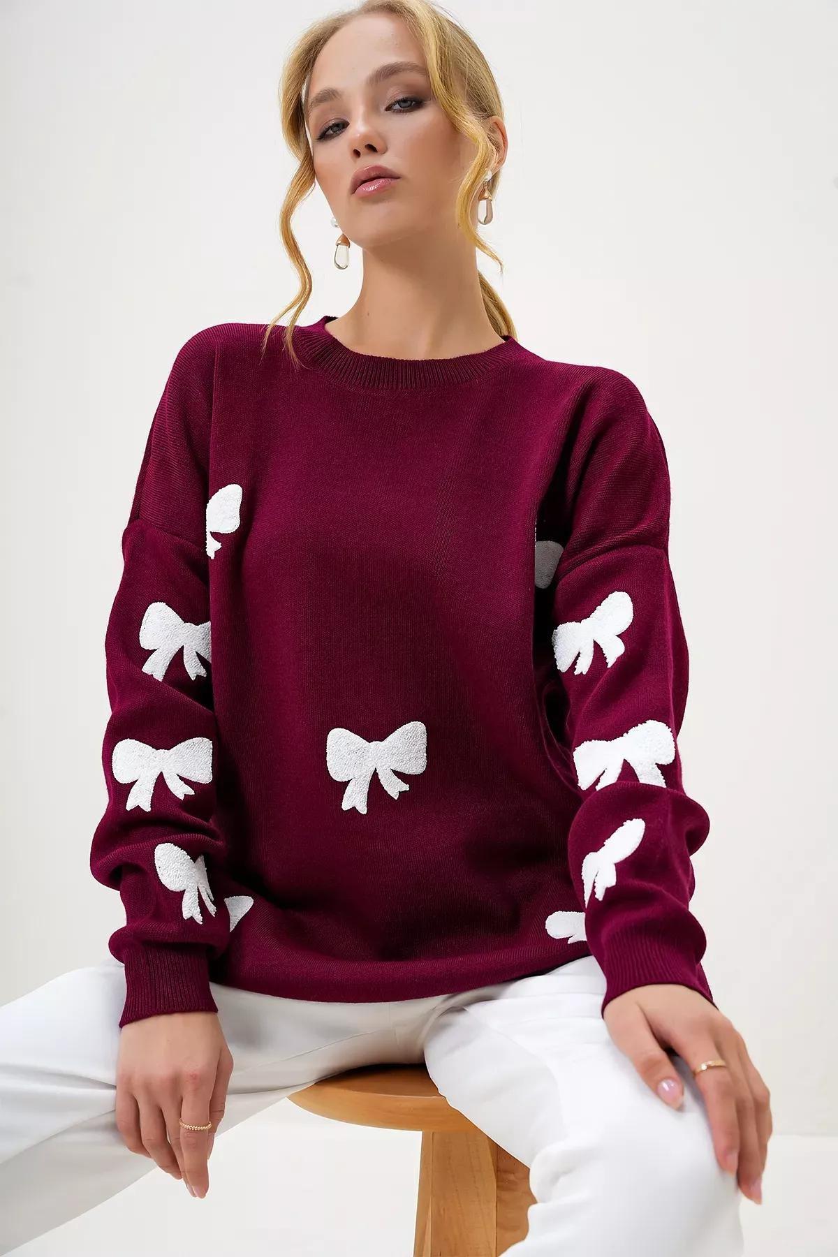 Womens Claret Red Crew Neck Bow Embroidered Winter Knitwear Sweater ALC-X13232, Single, Burgundy, large image number 3