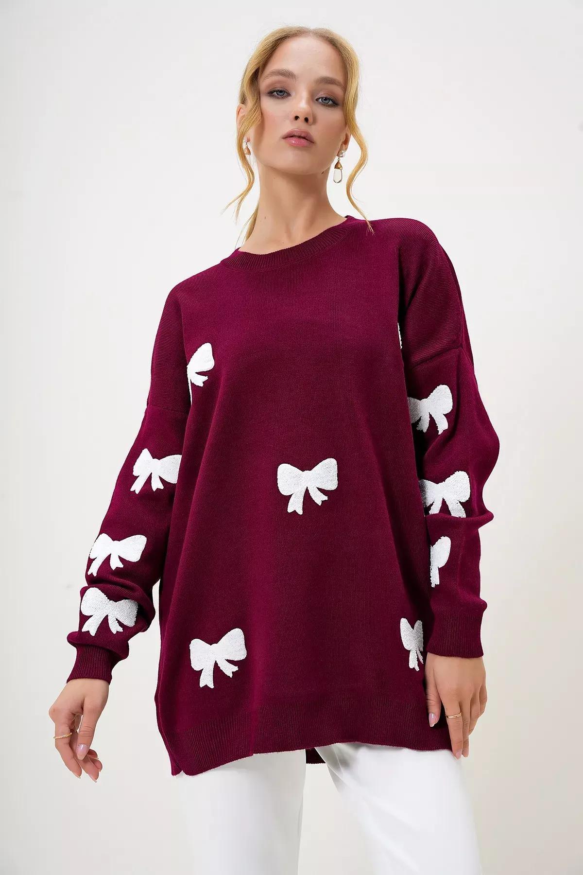 Womens Claret Red Crew Neck Bow Embroidered Winter Knitwear Sweater ALC-X13232, Single, Burgundy, large image number 4