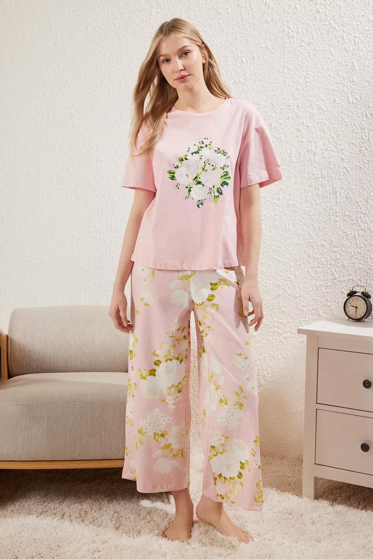 Pink Floral Knitted Pajama Set, Pink, large image number 0