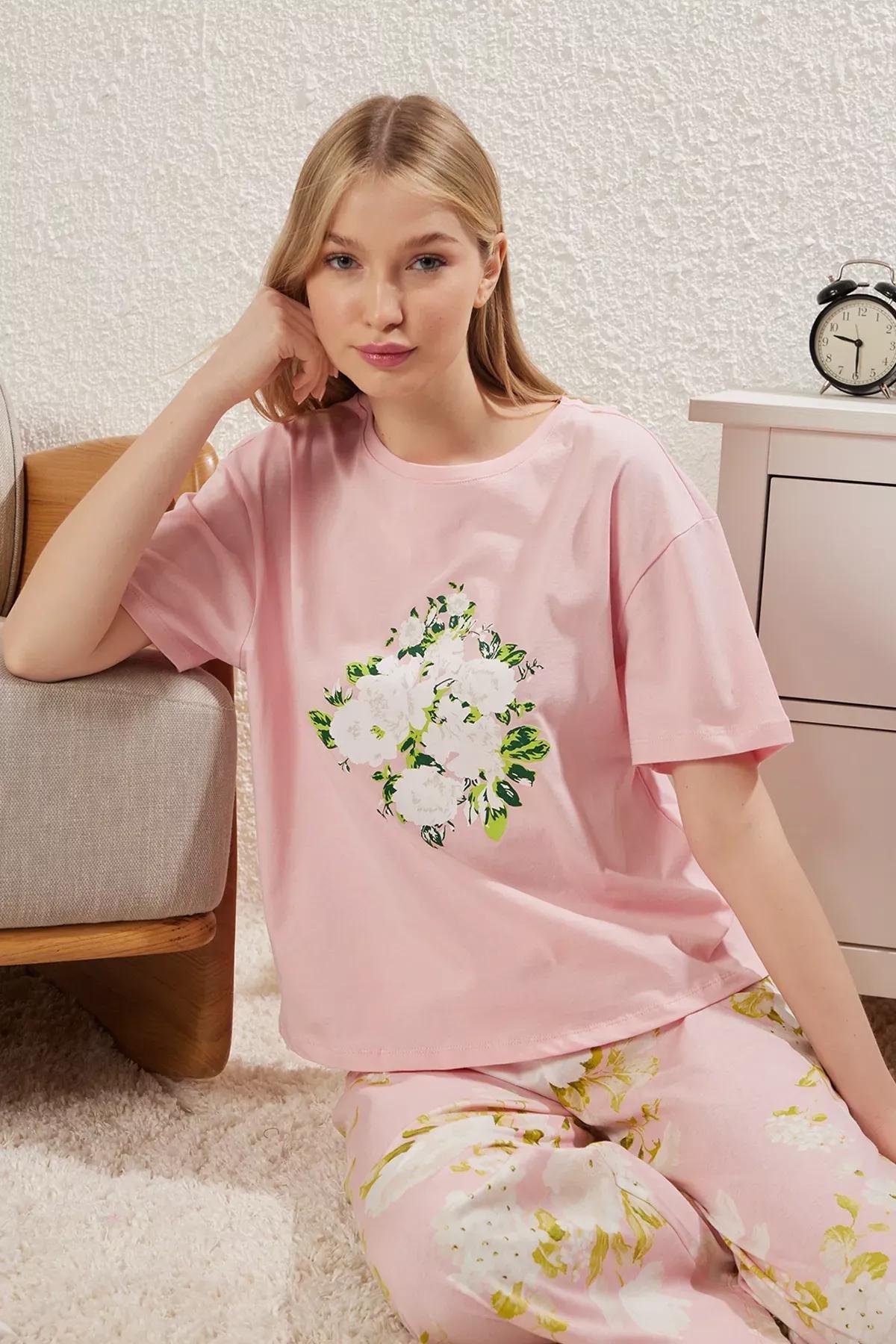 Pink Floral Knitted Pajama Set, Pink, large image number 1