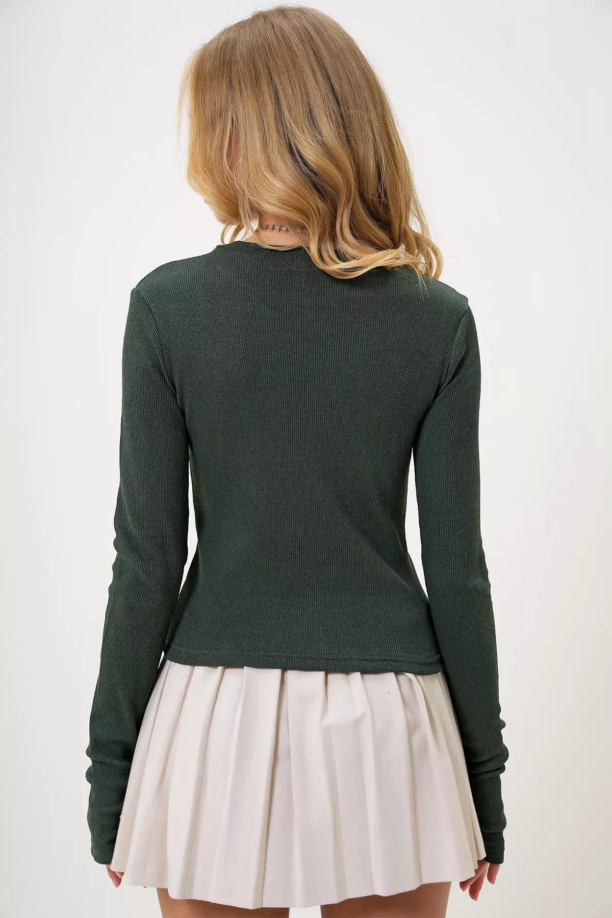 Womens Khaki Crew Neck Long Sleeve Finger Detailed Camisole Blouse Alc-X13140, Single item, Khaki, large image number 4