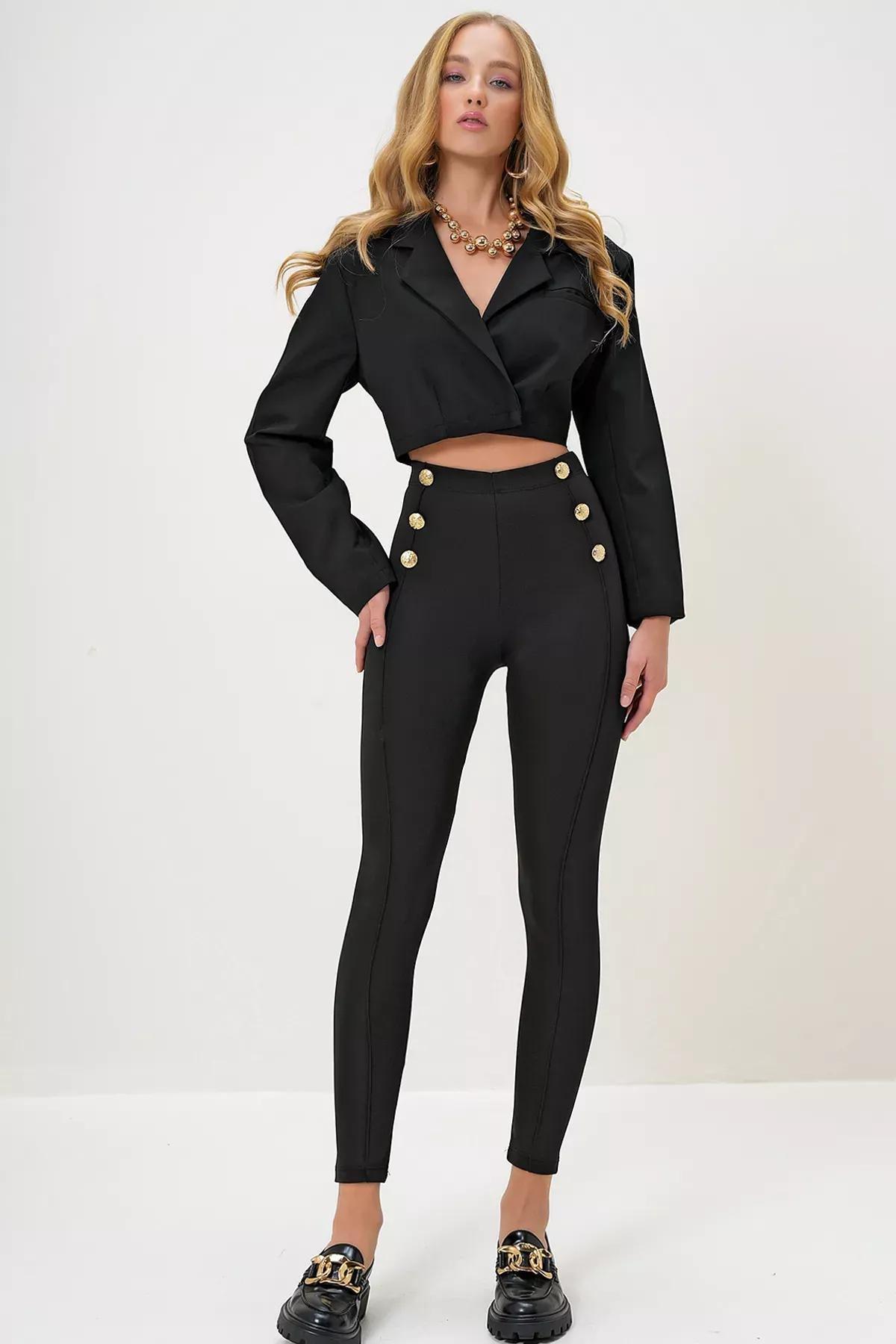 Black Gold Buttoned Front Leggings, BLACK, large image number 0