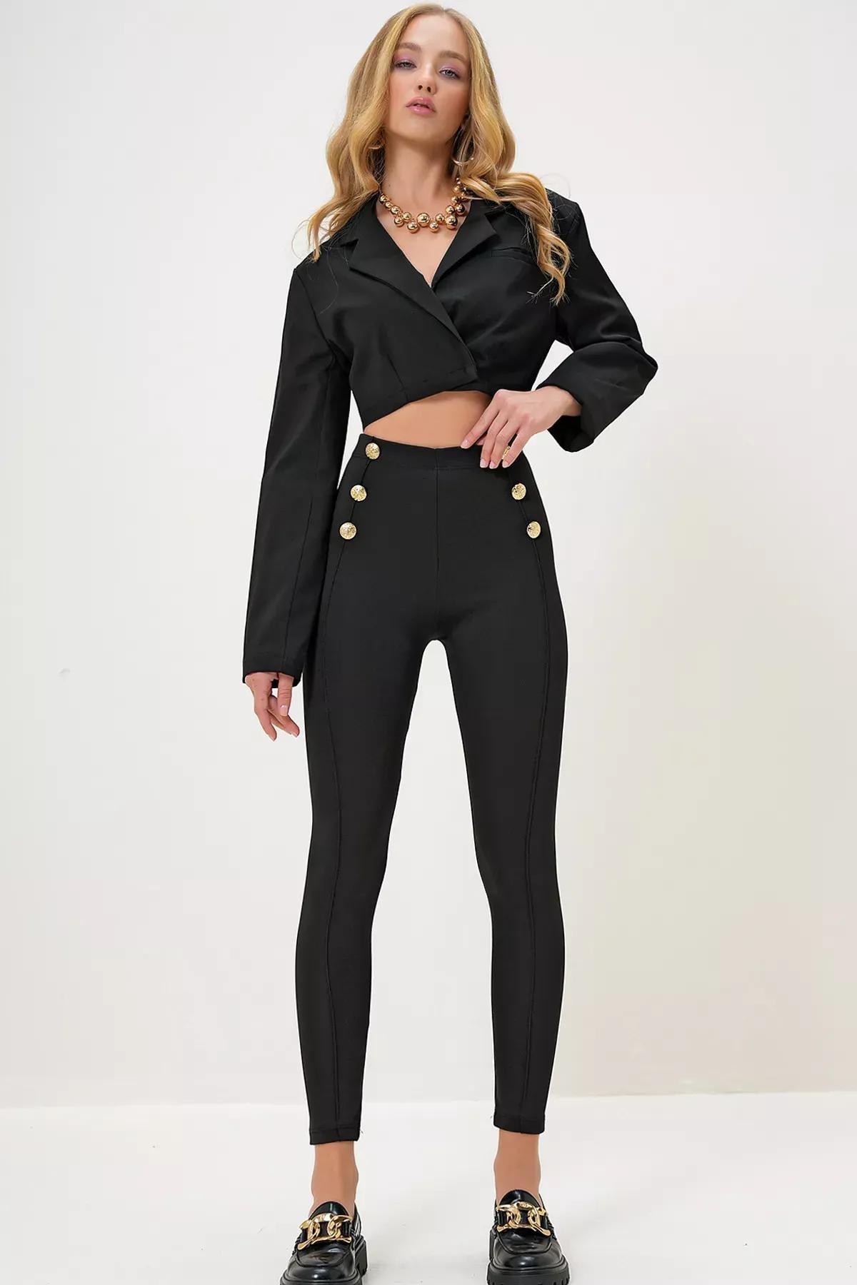 Black Gold Buttoned Front Leggings, BLACK, large image number 1