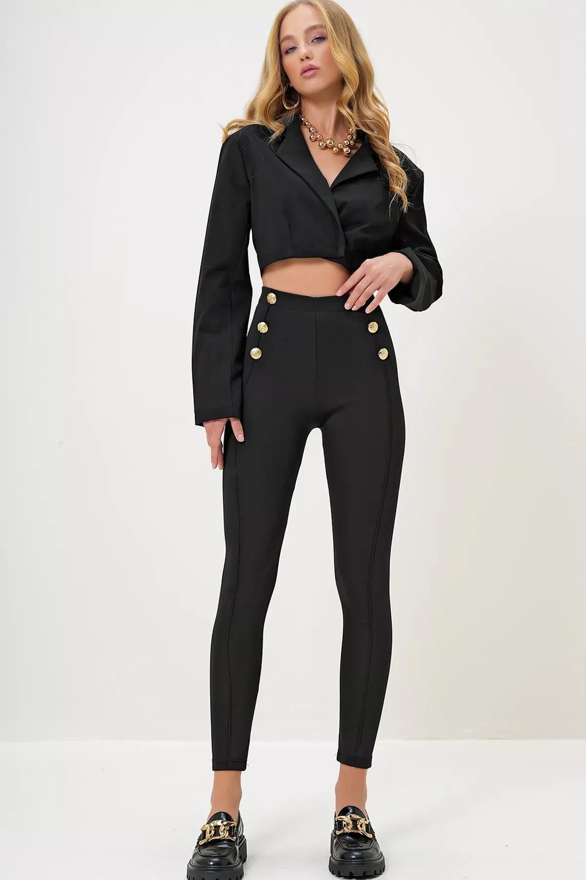 Black Gold Buttoned Front Leggings, BLACK, large image number 2