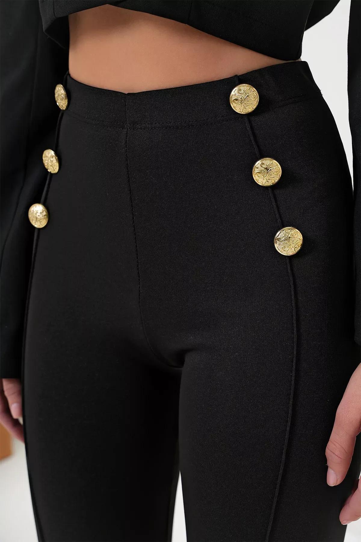 Black Gold Buttoned Front Leggings, BLACK, large image number 3