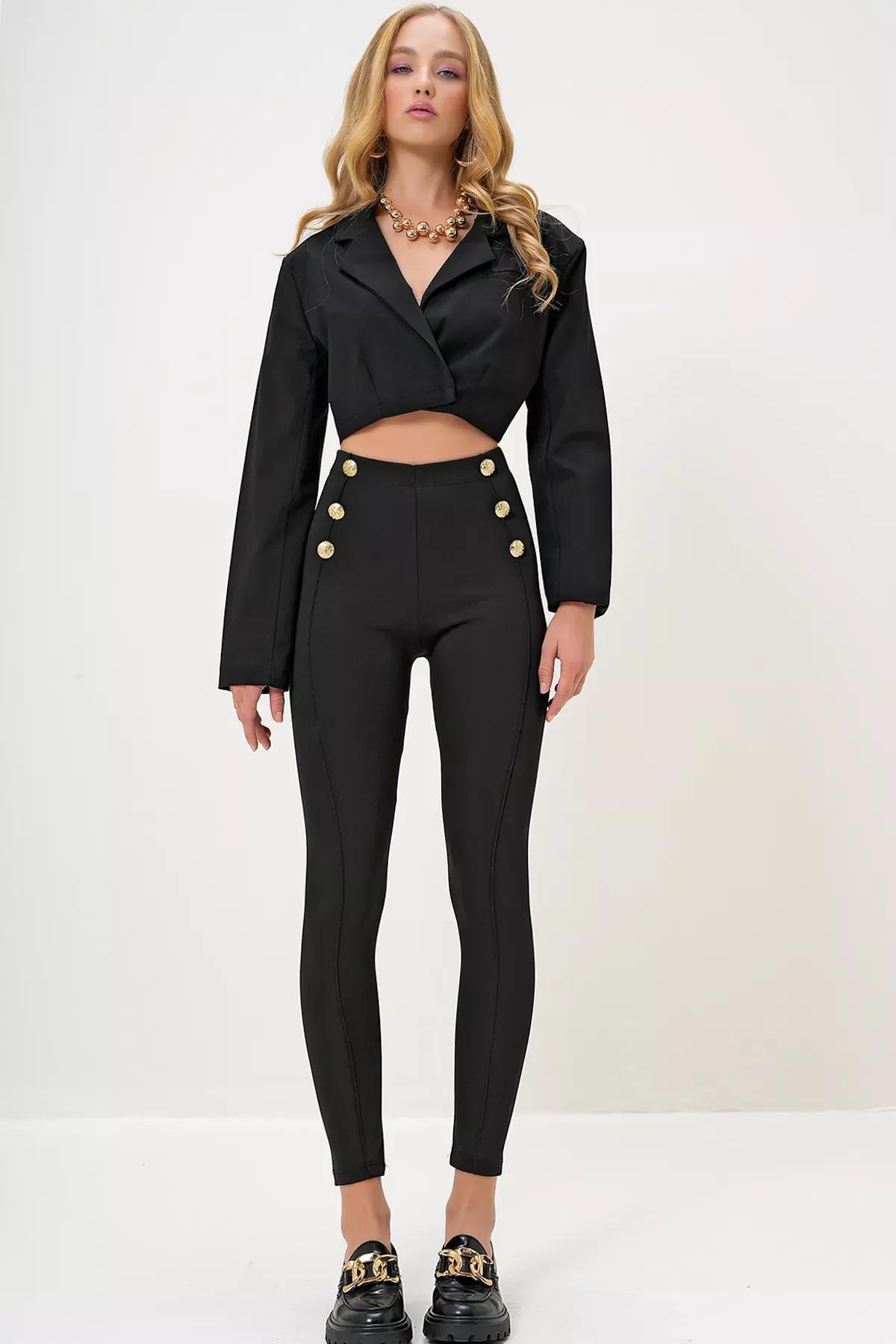 Black Gold Buttoned Front Leggings, BLACK, large image number 4