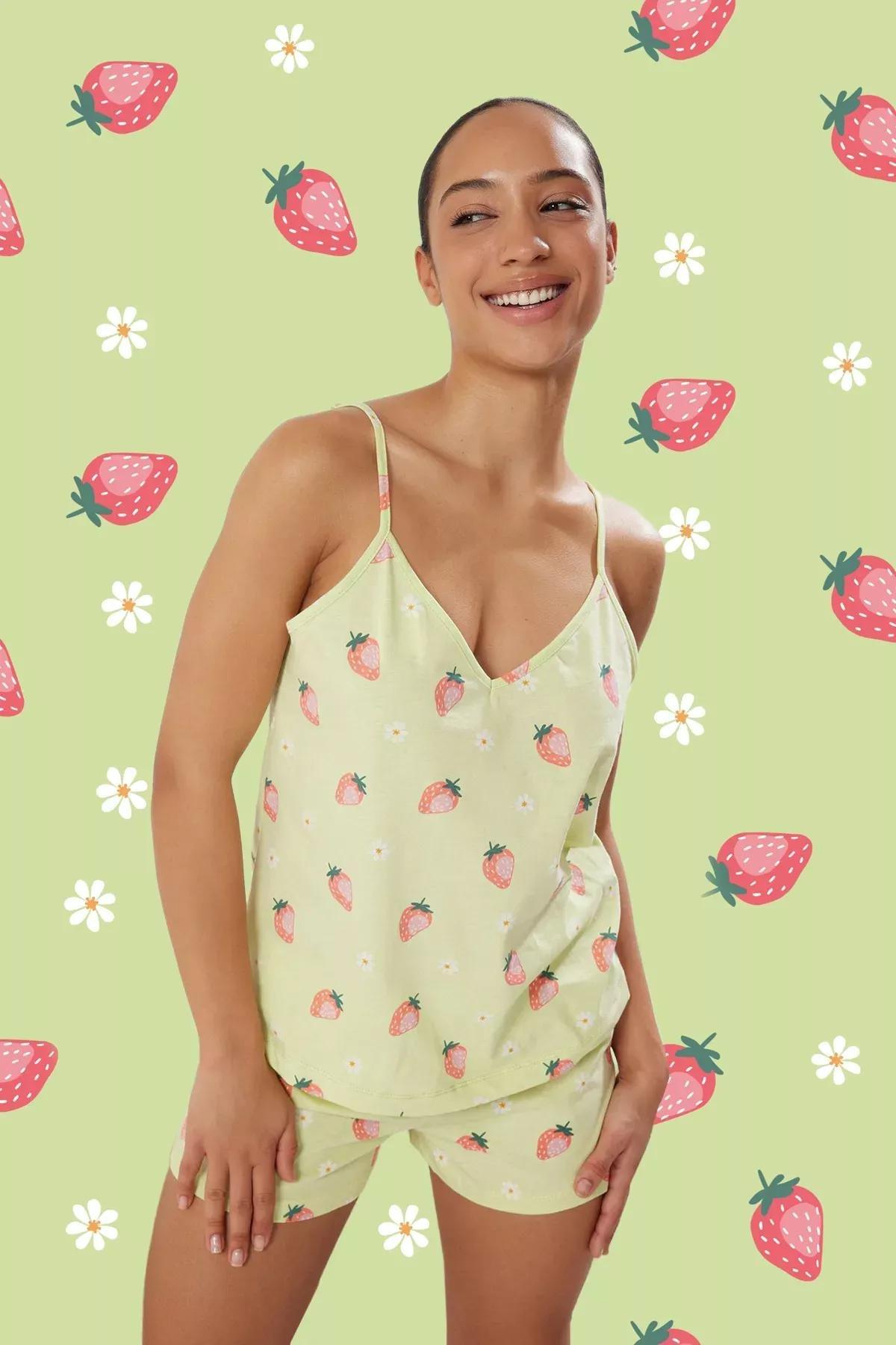 Green Strawberry Patterned Pajama Set, Green, large image number 1