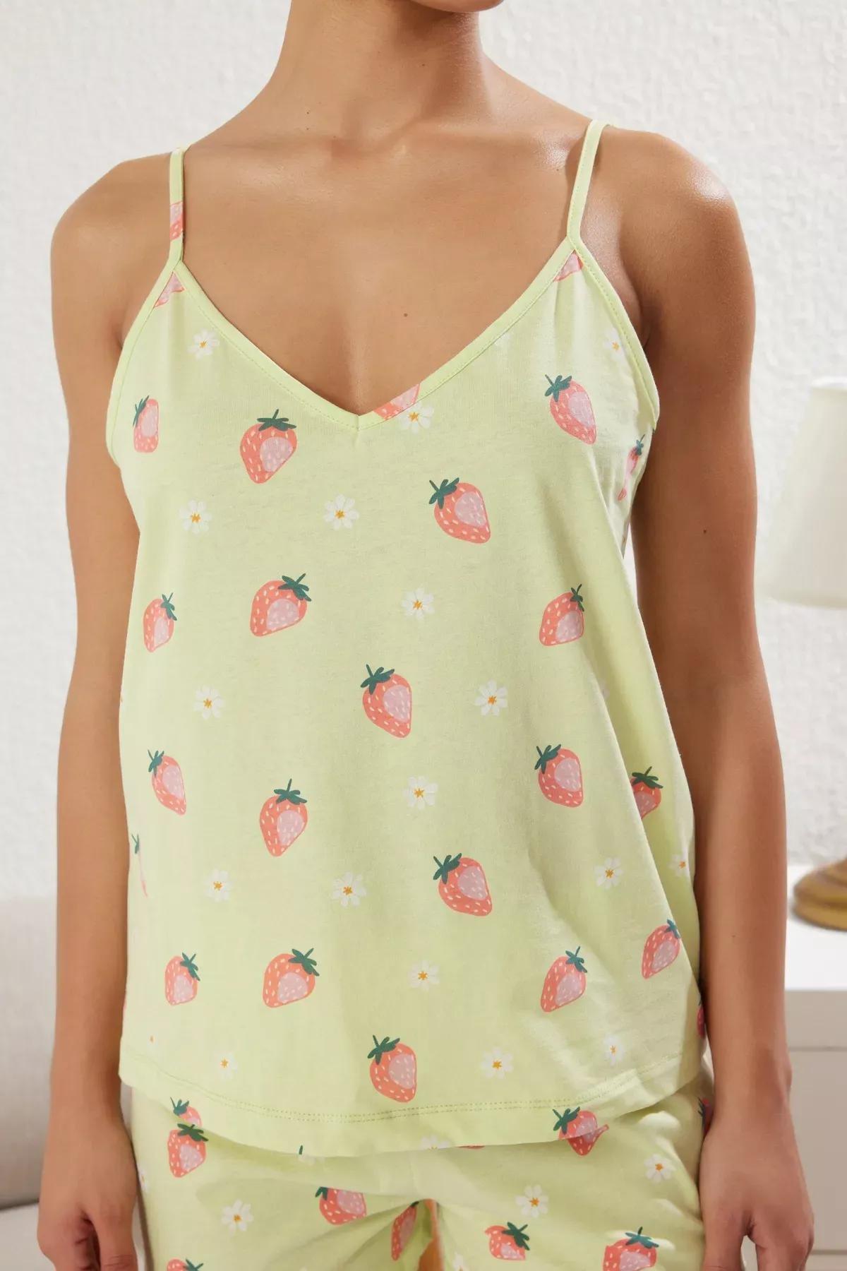 Green Strawberry Patterned Pajama Set, Green, large image number 3