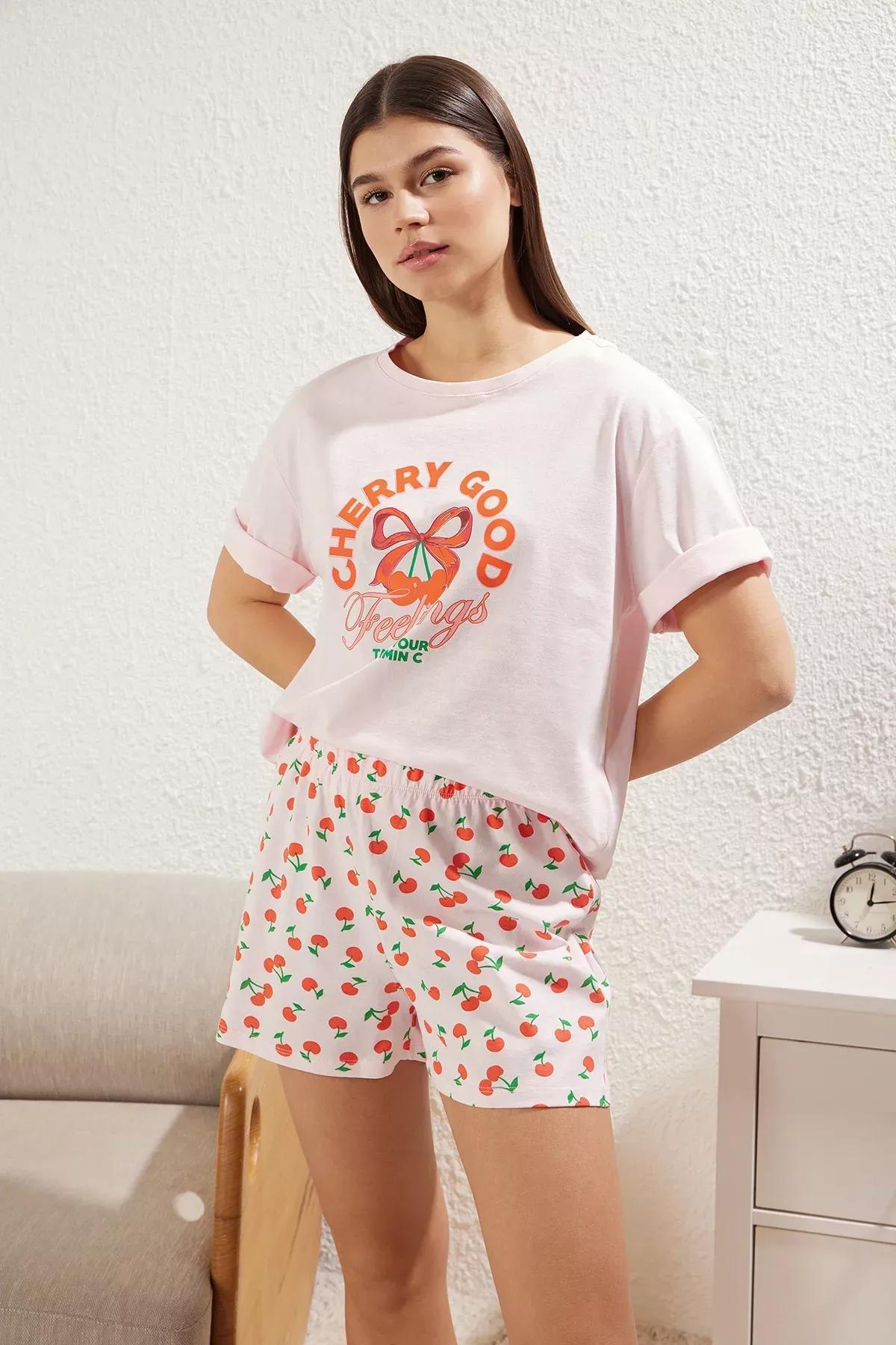 Pink Cherry Patterned Pajama Set, , large image number 1