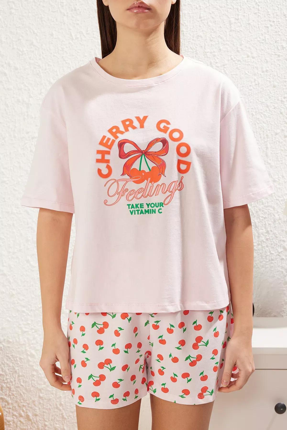 Pink Cherry Patterned Pajama Set, , large image number 3