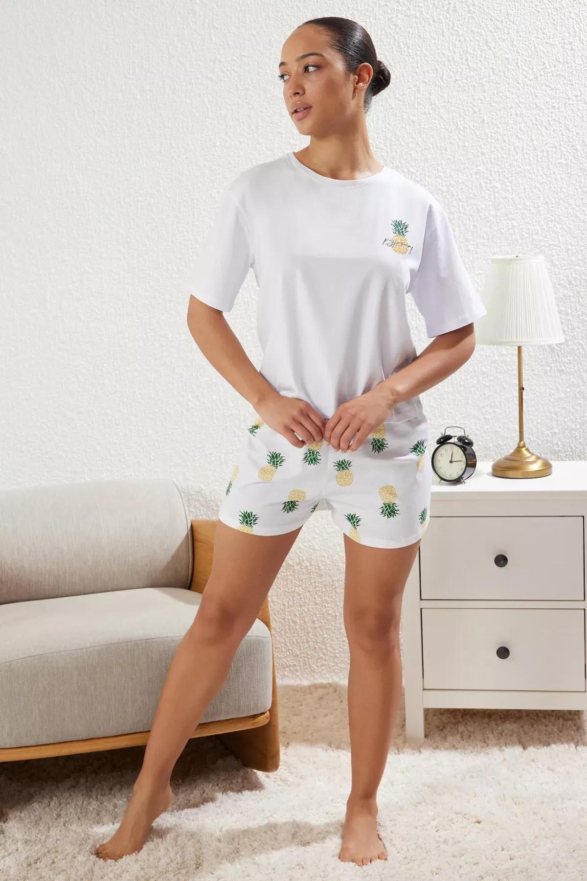 White Pineapple Patterned Shorts Pajama Set, , large image number 0