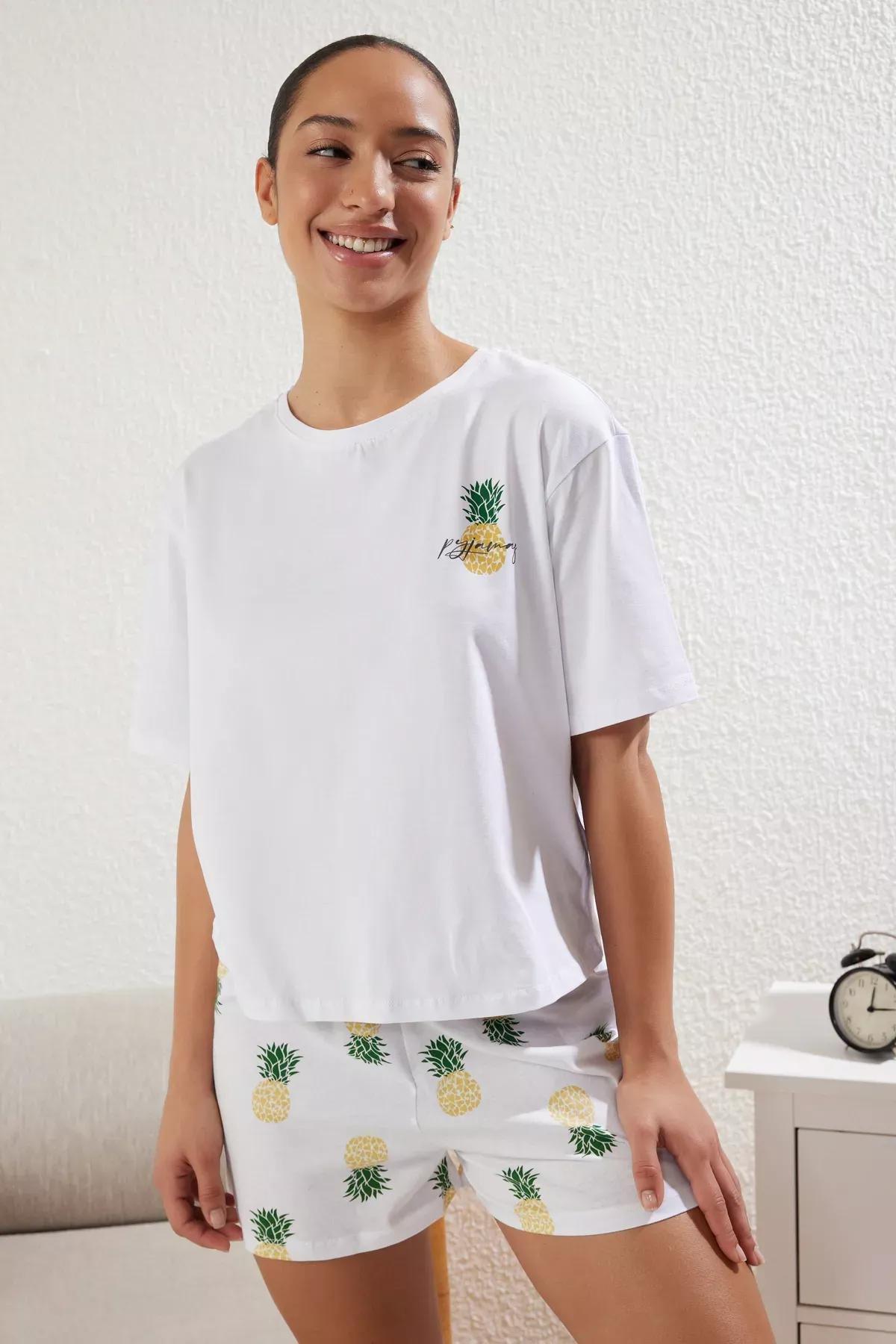 White Pineapple Patterned Shorts Pajama Set, , large image number 1