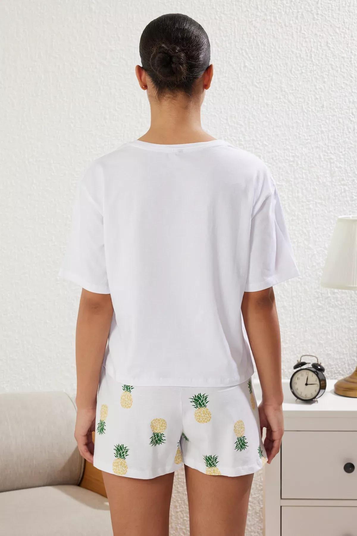 White Pineapple Patterned Shorts Pajama Set, , large image number 4
