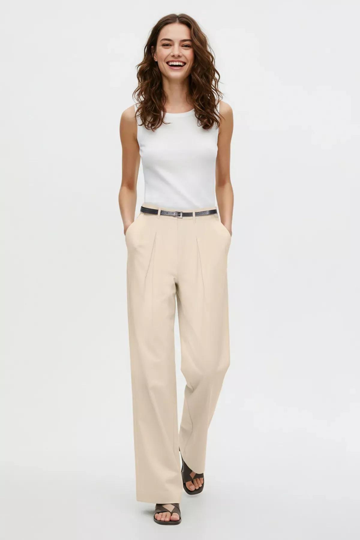 Brown Belted Woven Trousers, Mink, large image number 0