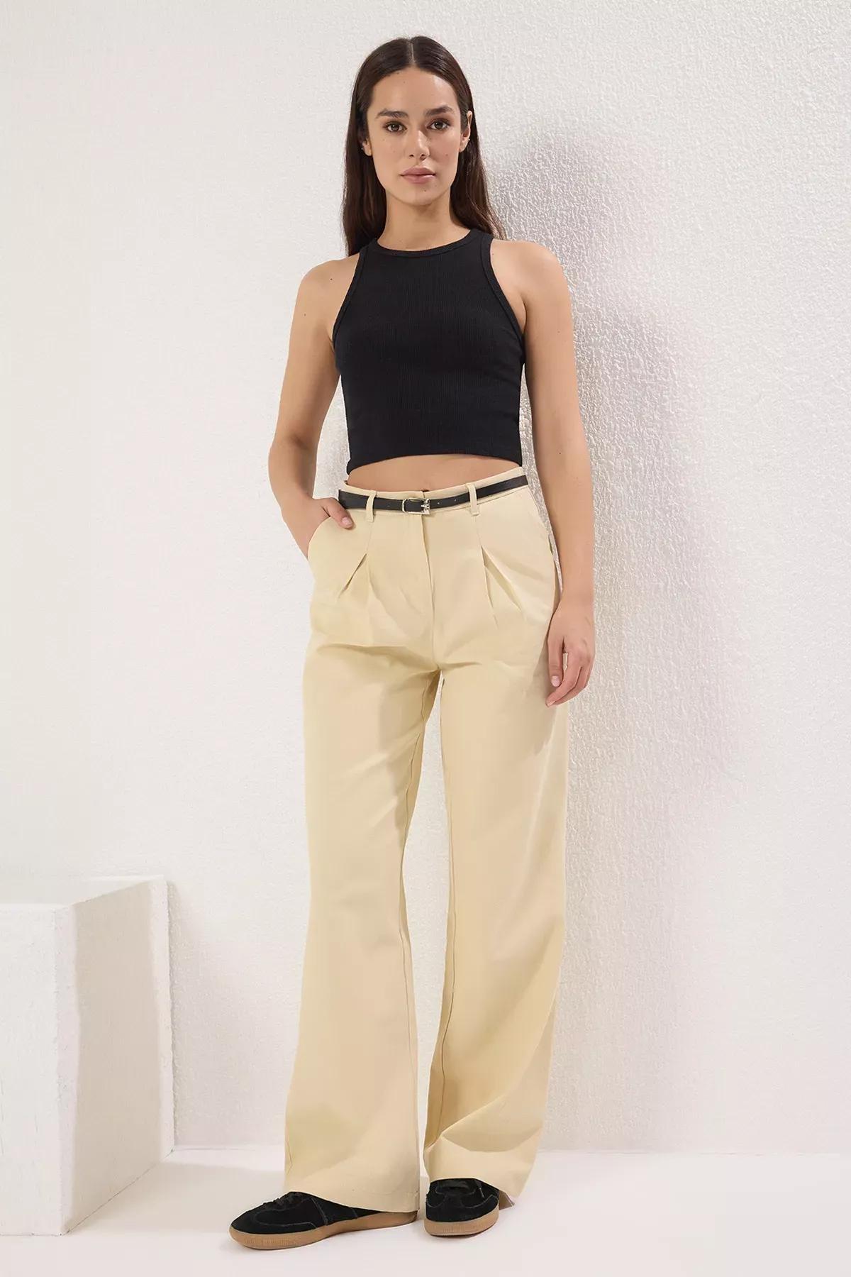 Brown Belted Woven Trousers, Mink, large image number 1