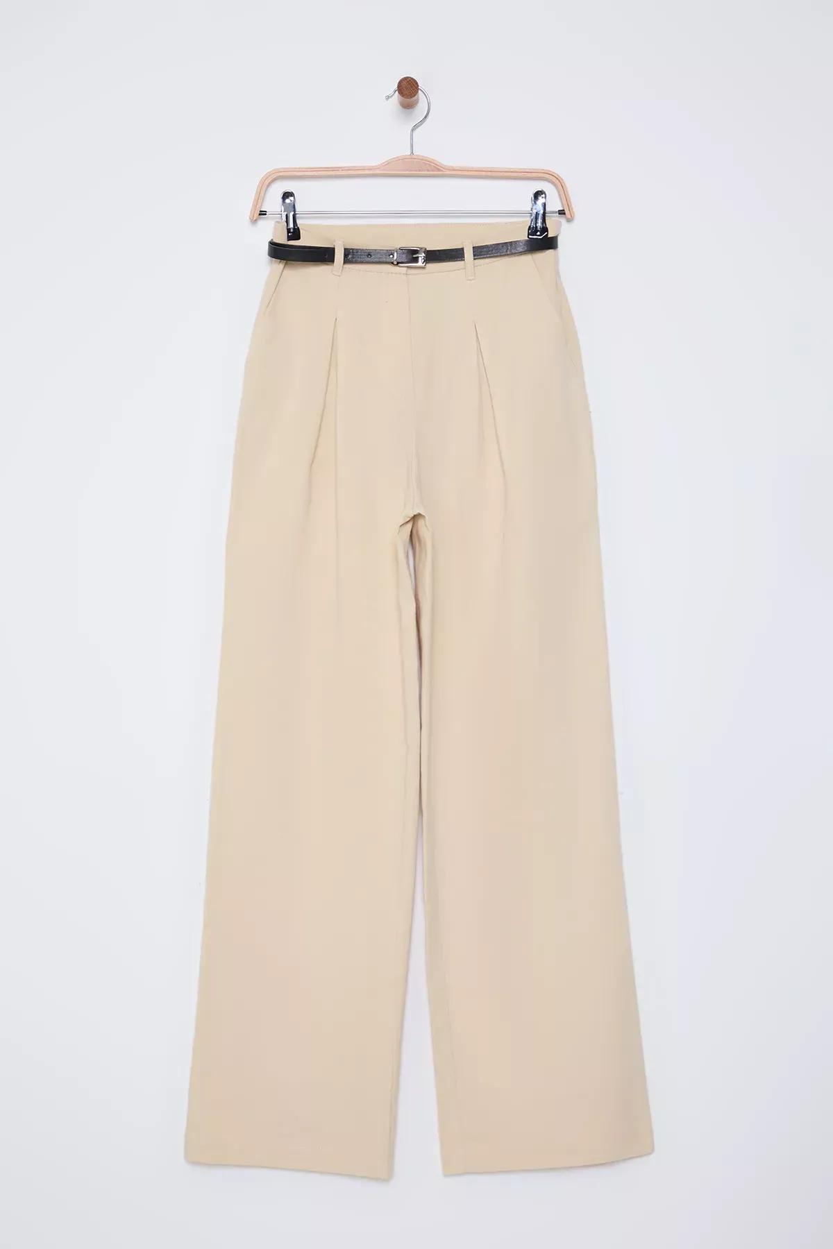 Brown Belted Woven Trousers, Mink, large image number 6