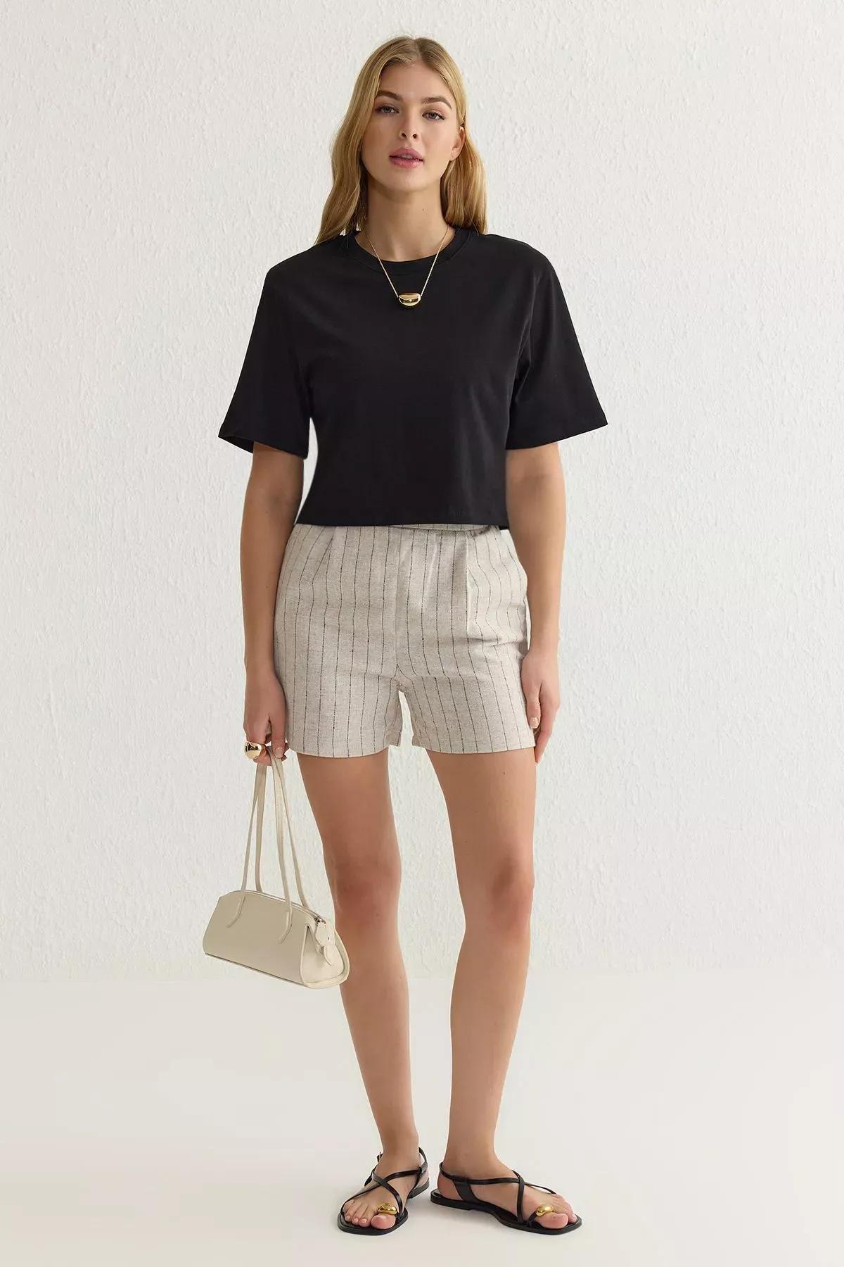 Beige Striped Back Waist Knee Shorts, , large image number 0