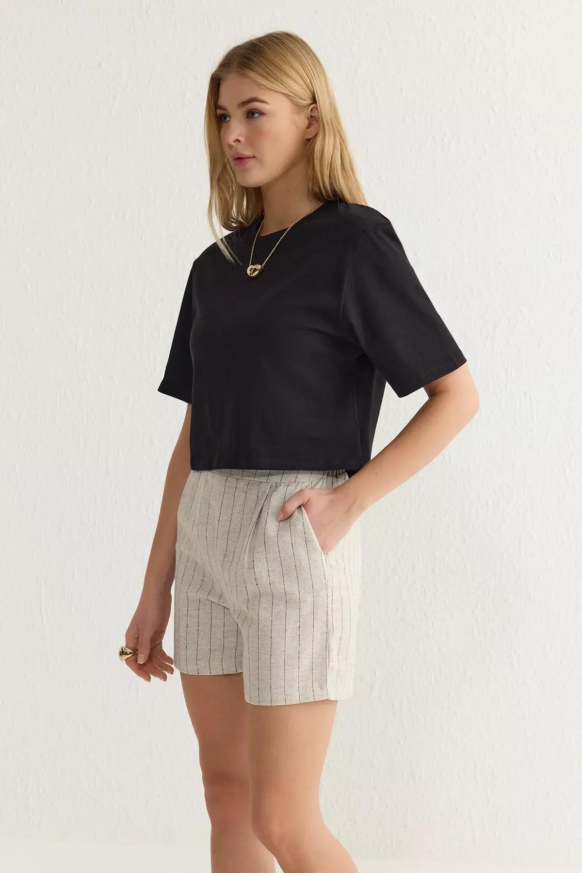 Beige Striped Back Waist Knee Shorts, , large image number 1