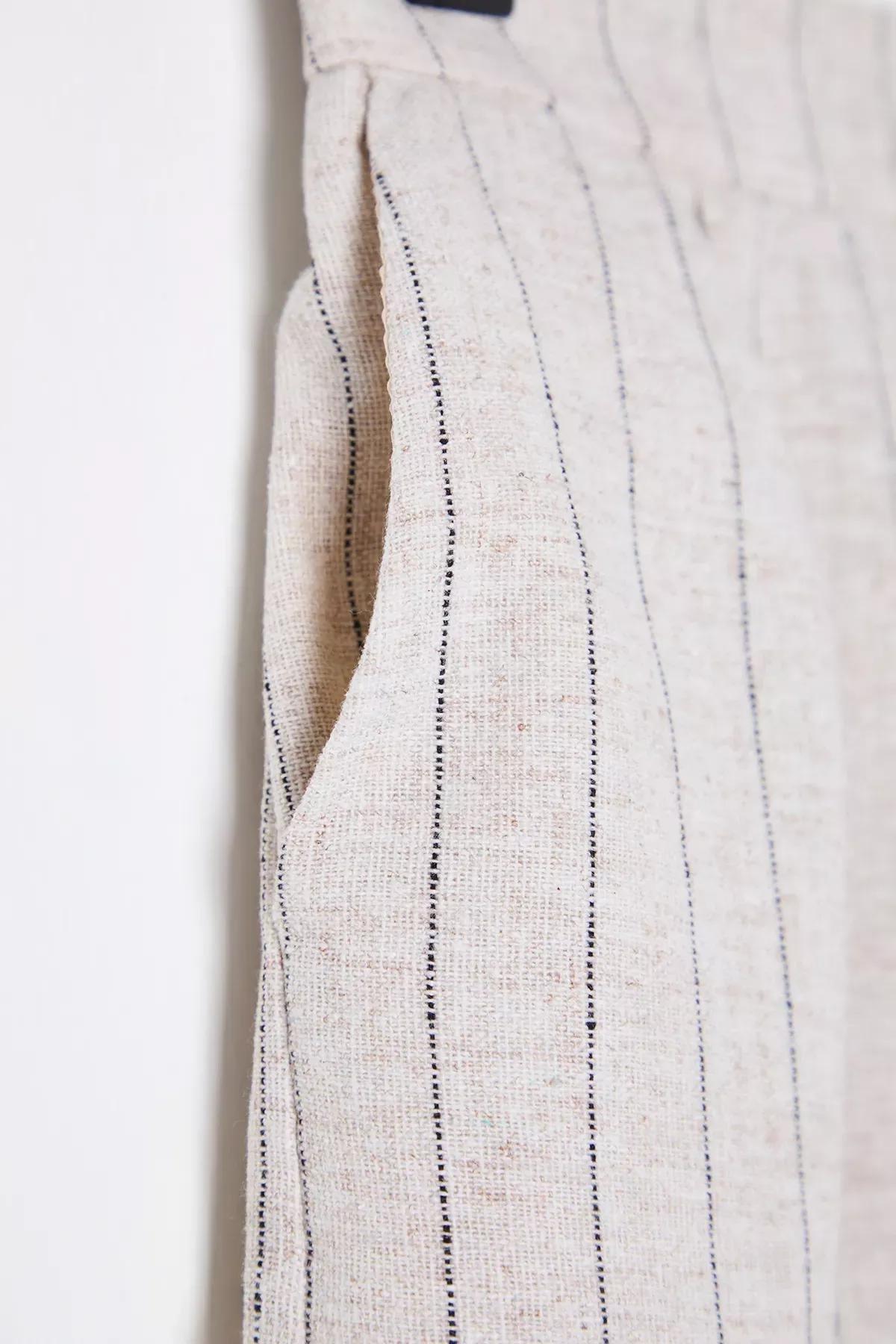 Beige Striped Back Waist Knee Shorts, , large image number 5