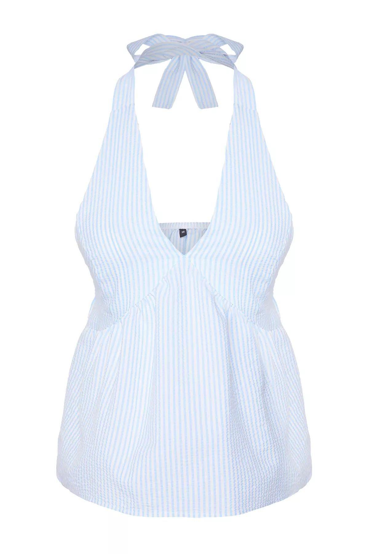 Light Blue Striped Seersucker Blouse, LIGHT BLUE, large image number 5