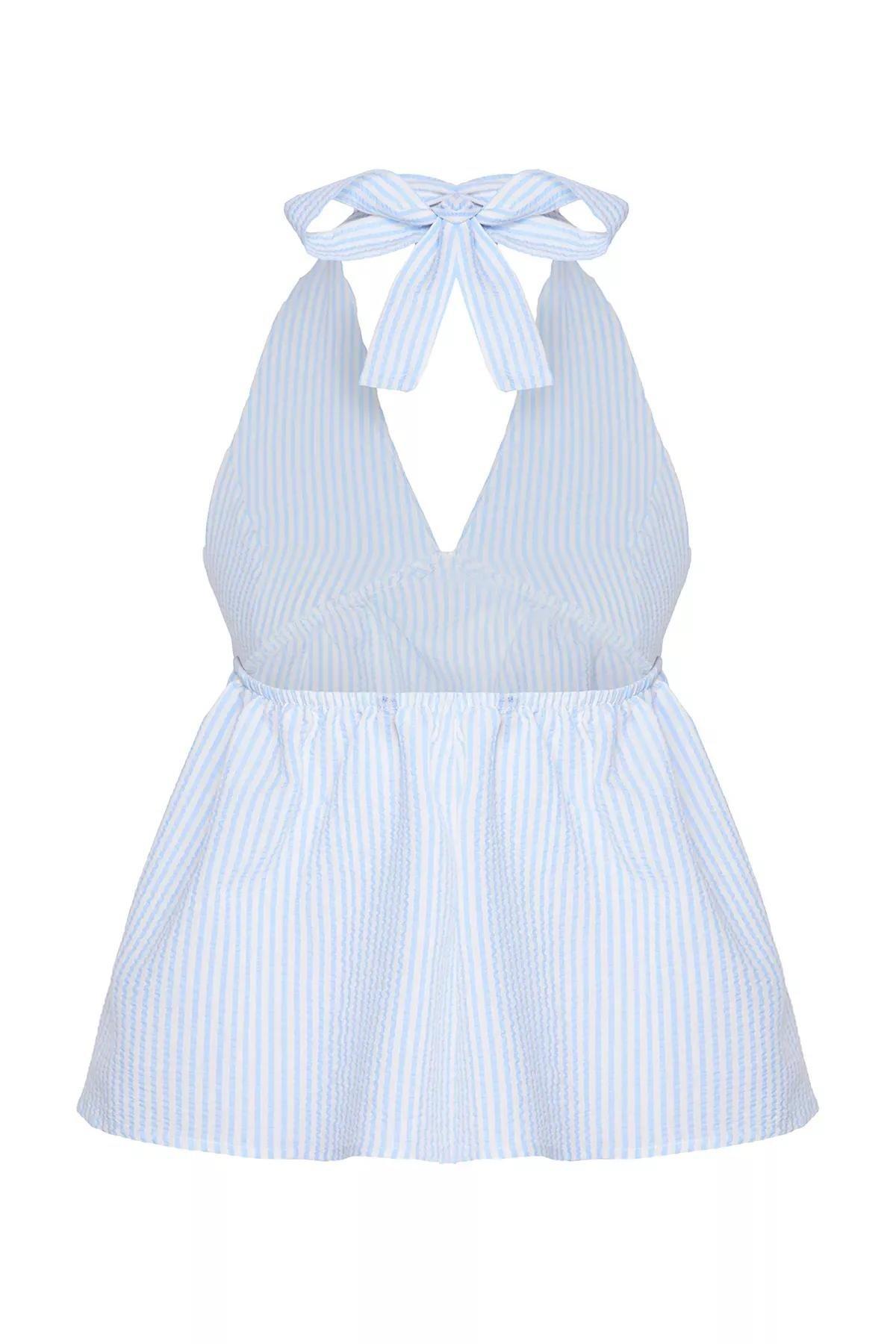 Light Blue Striped Seersucker Blouse, LIGHT BLUE, large image number 6