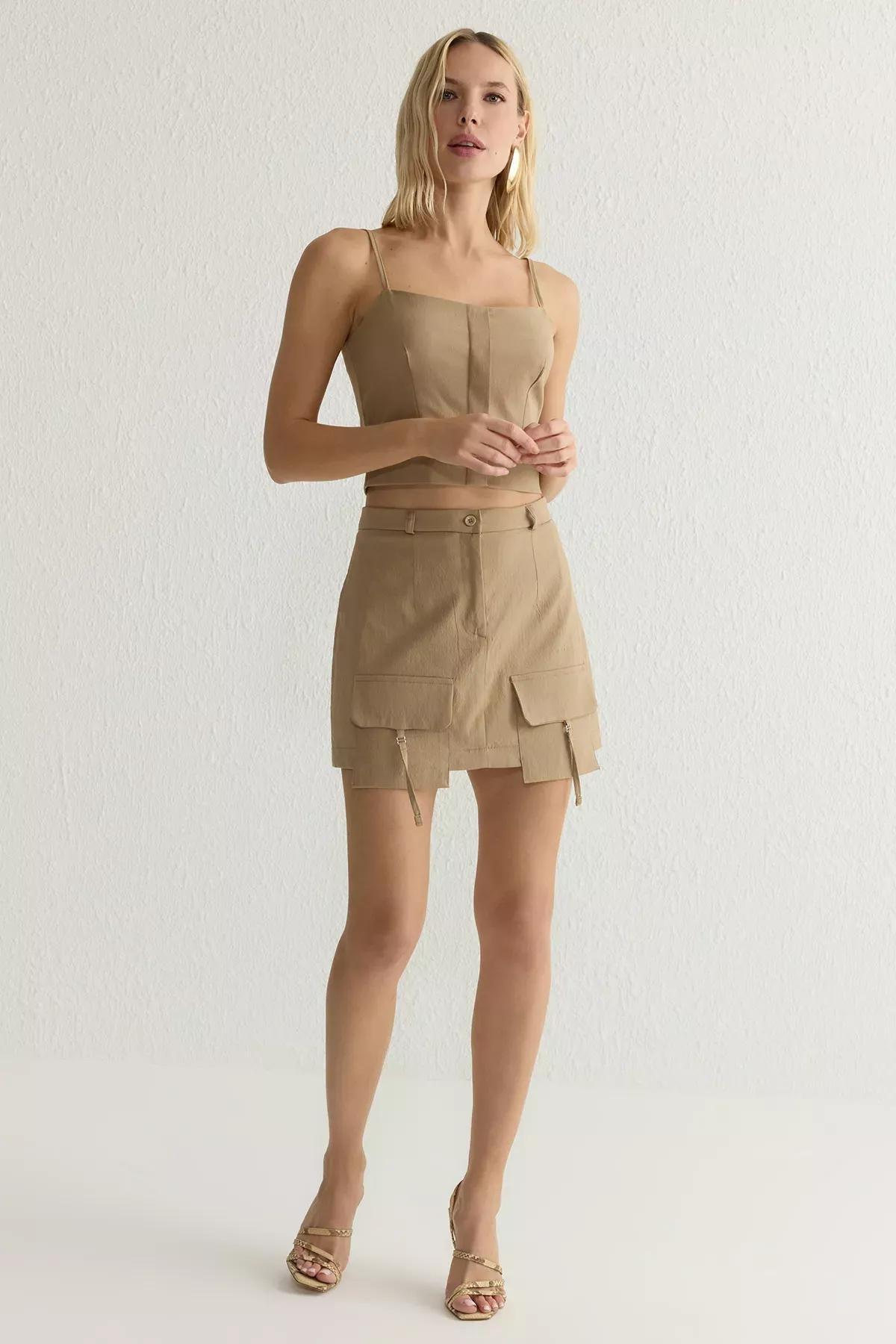 Brown Pocket Mini Skirt Shorts, Mink, large image number 0