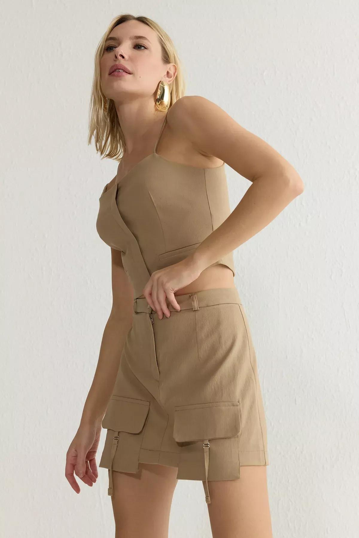 Brown Pocket Mini Skirt Shorts, Mink, large image number 2