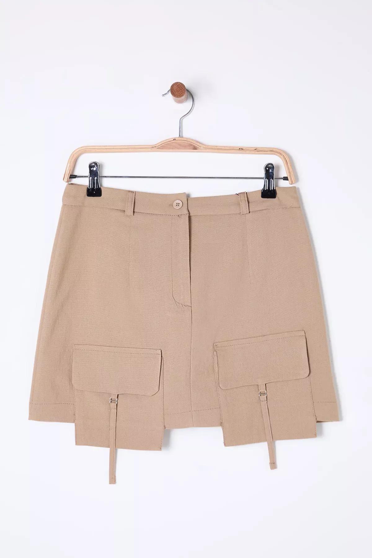 Brown Pocket Mini Skirt Shorts, Mink, large image number 6